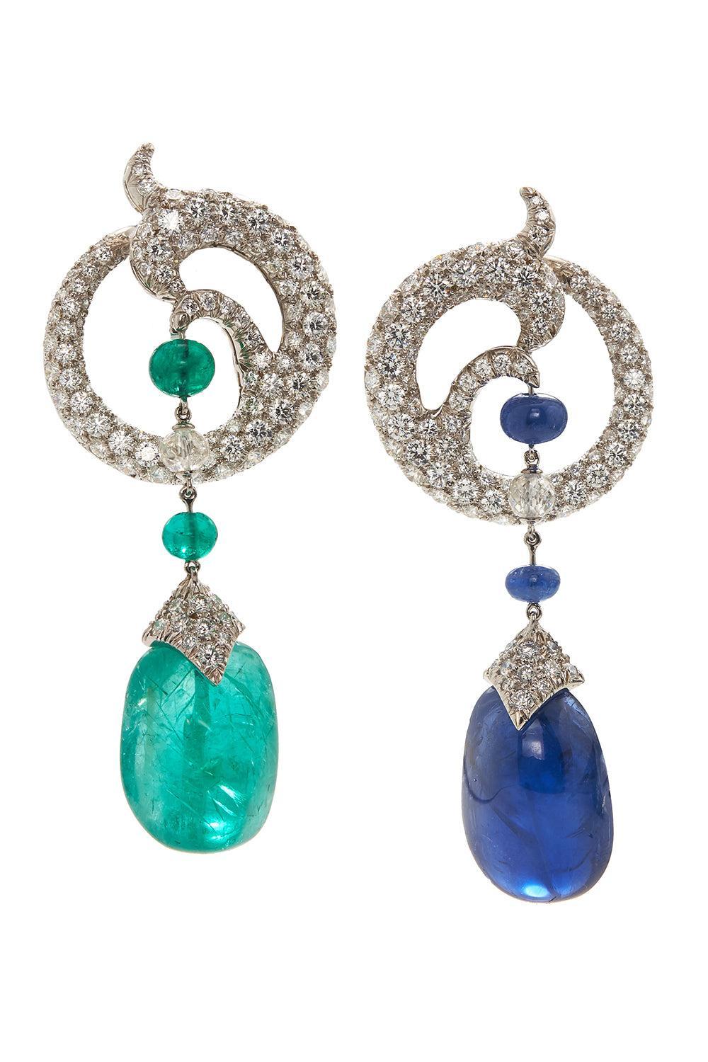 Sapphire Emerald Mix Match Couture Earrings-WHITE GOLD-JEWELRYFINE JEWELEARRING-DAVID WEBB