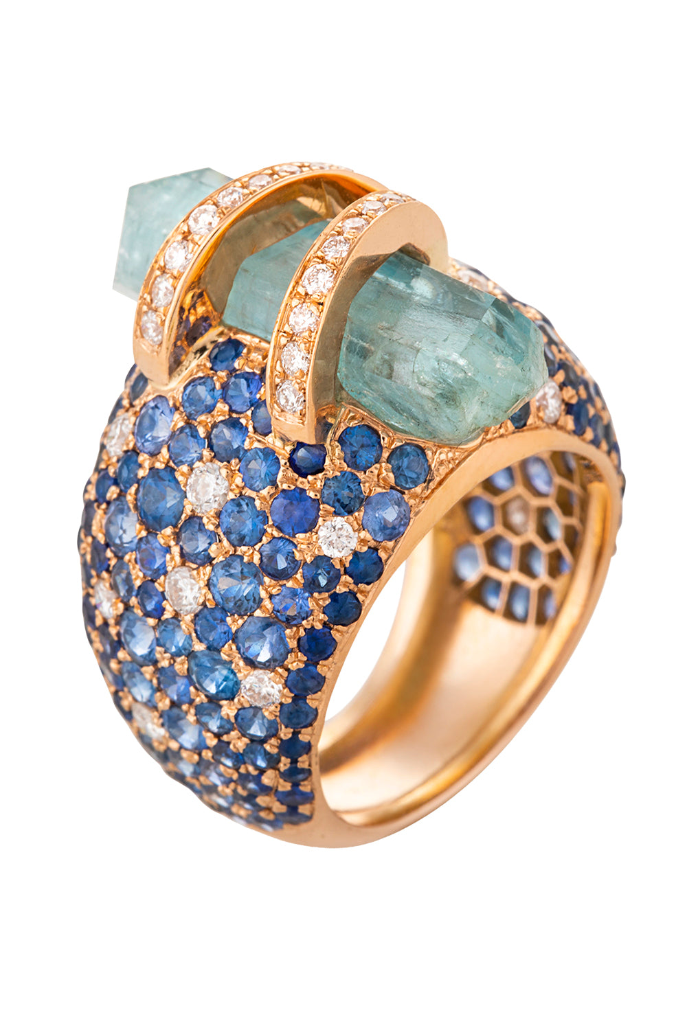 Sapphire Diamond Aquamarine Lunar Bombee Ring