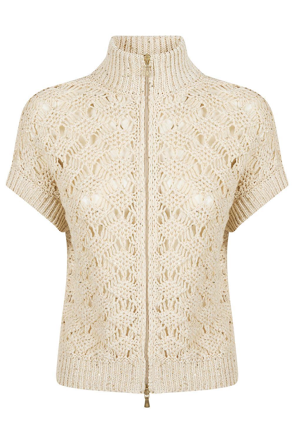 Short Sleeve Zip Sweater-CREAM-XS-CLOTHINGTOPSWEATER-ELEVENTY