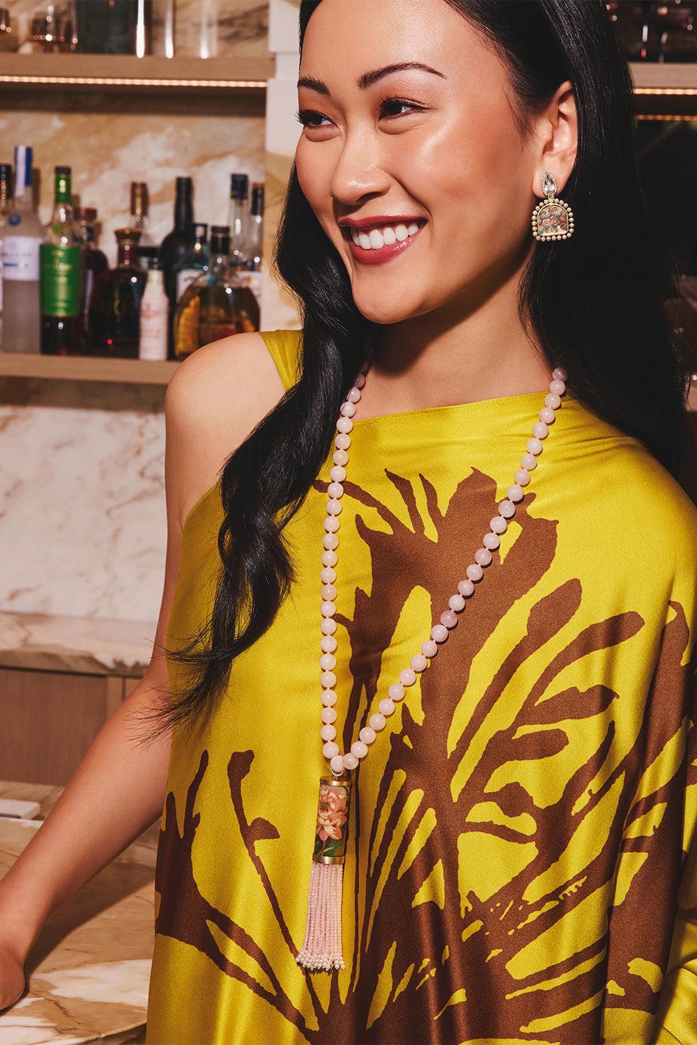 Rose Quartz Pearl Cylinder Necklace-YELLOW GOLD-JEWELRYFINE JEWELNECKLACE O-SILVIA FURMANOVICH