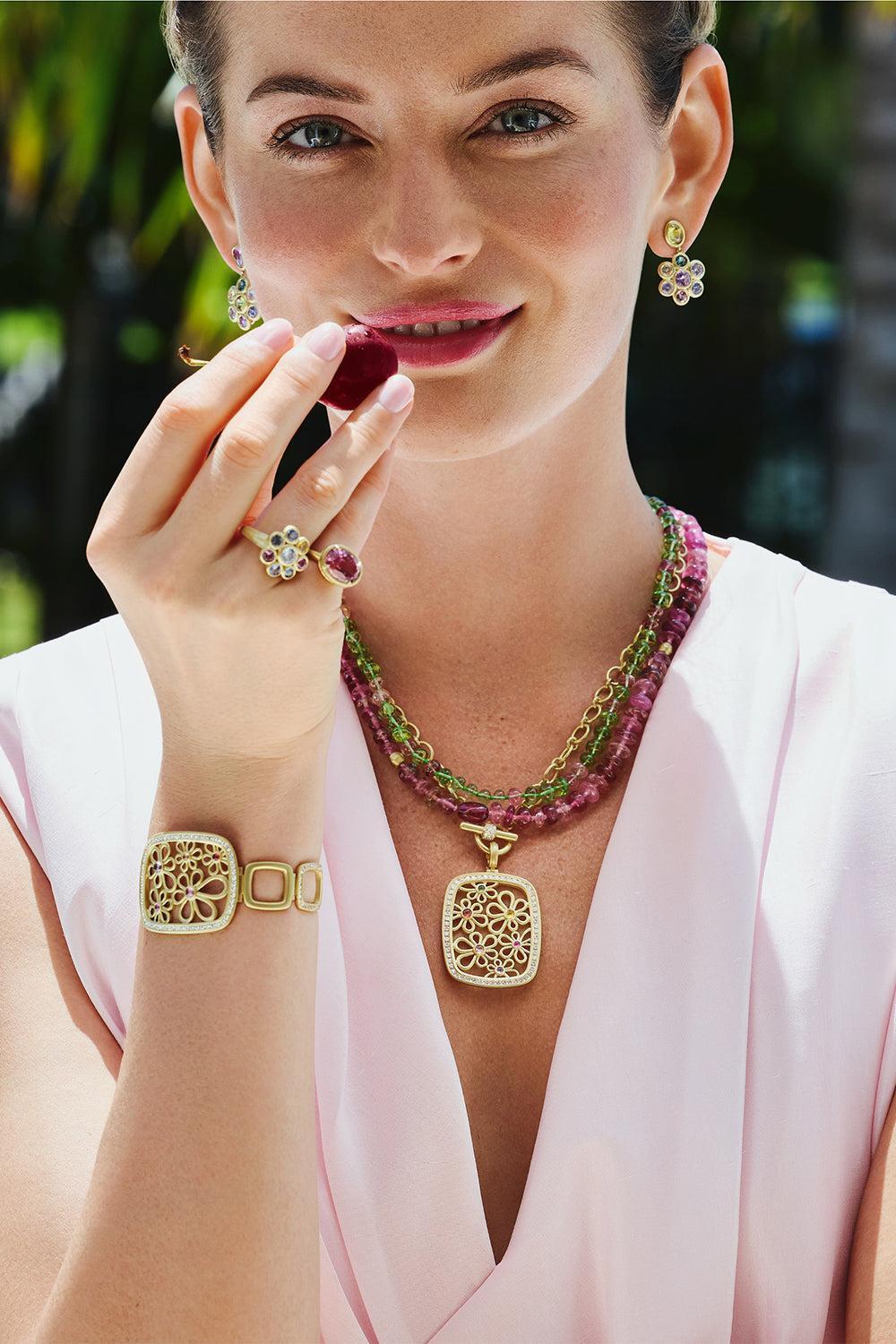 Multi Sapphire Diamond Flora Frame Pendant-YELLOW GOLD-JEWELRYFINE JEWELPENDANT-LEIGH MAXWELL