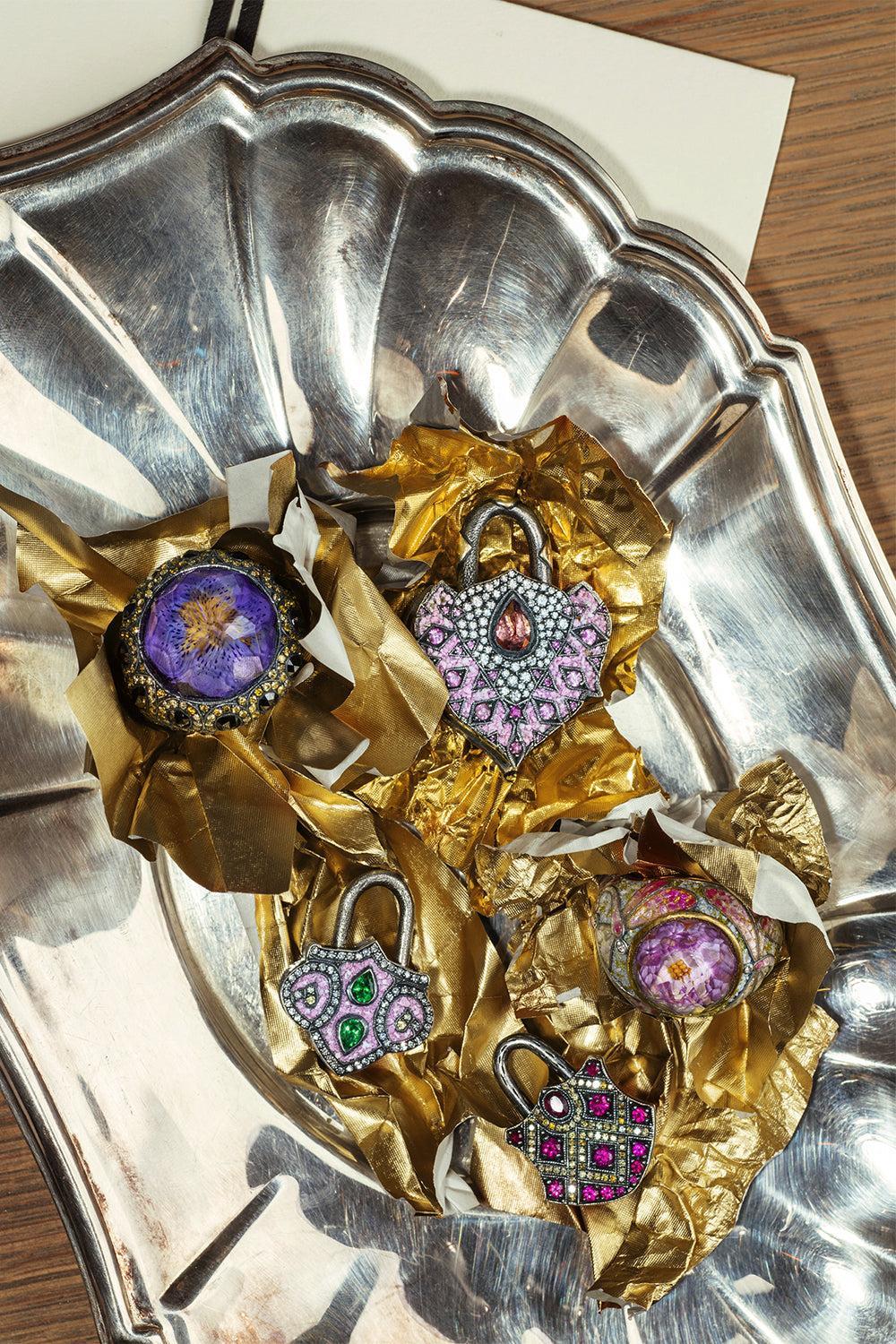 Amethyst Black Yellow Diamond Lotus Ring-YELLOW GOLD-7-JEWELRYFINE JEWELRING-SEVAN BICAKCI