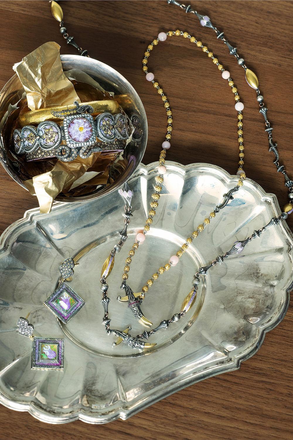 Pink Moonstone Rosary Beaded Necklace-YELLOW GOLD-JEWELRYFINE JEWELNECKLACE O-SEVAN BICAKCI