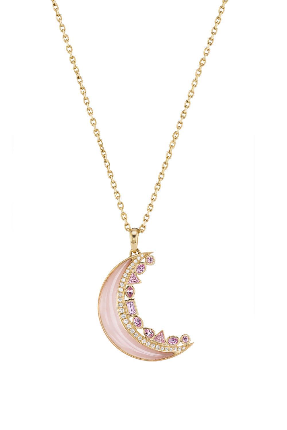 Pink Opal Pink Sapphire Crescent Moon Inlay Pendant-YELLOW GOLD-JEWELRYFINE JEWELPENDANT-SORELLINA