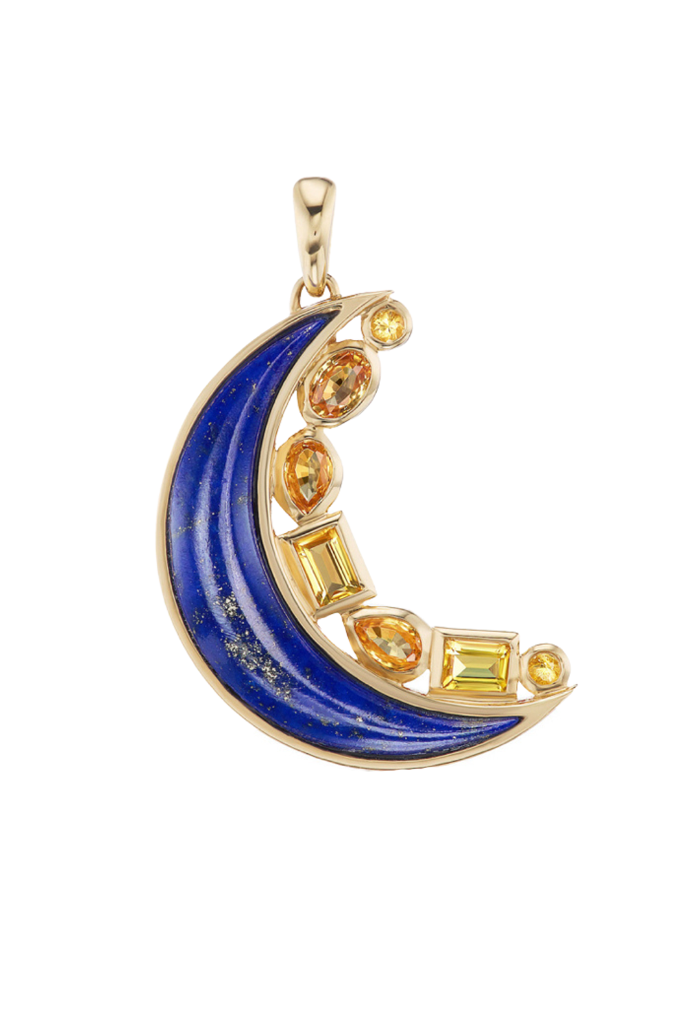 Lapis Yellow Sapphire Mini Crescent Moon Inlay Pendant-YELLOW GOLD-JEWELRYFINE JEWELPENDANT-SORELLINA