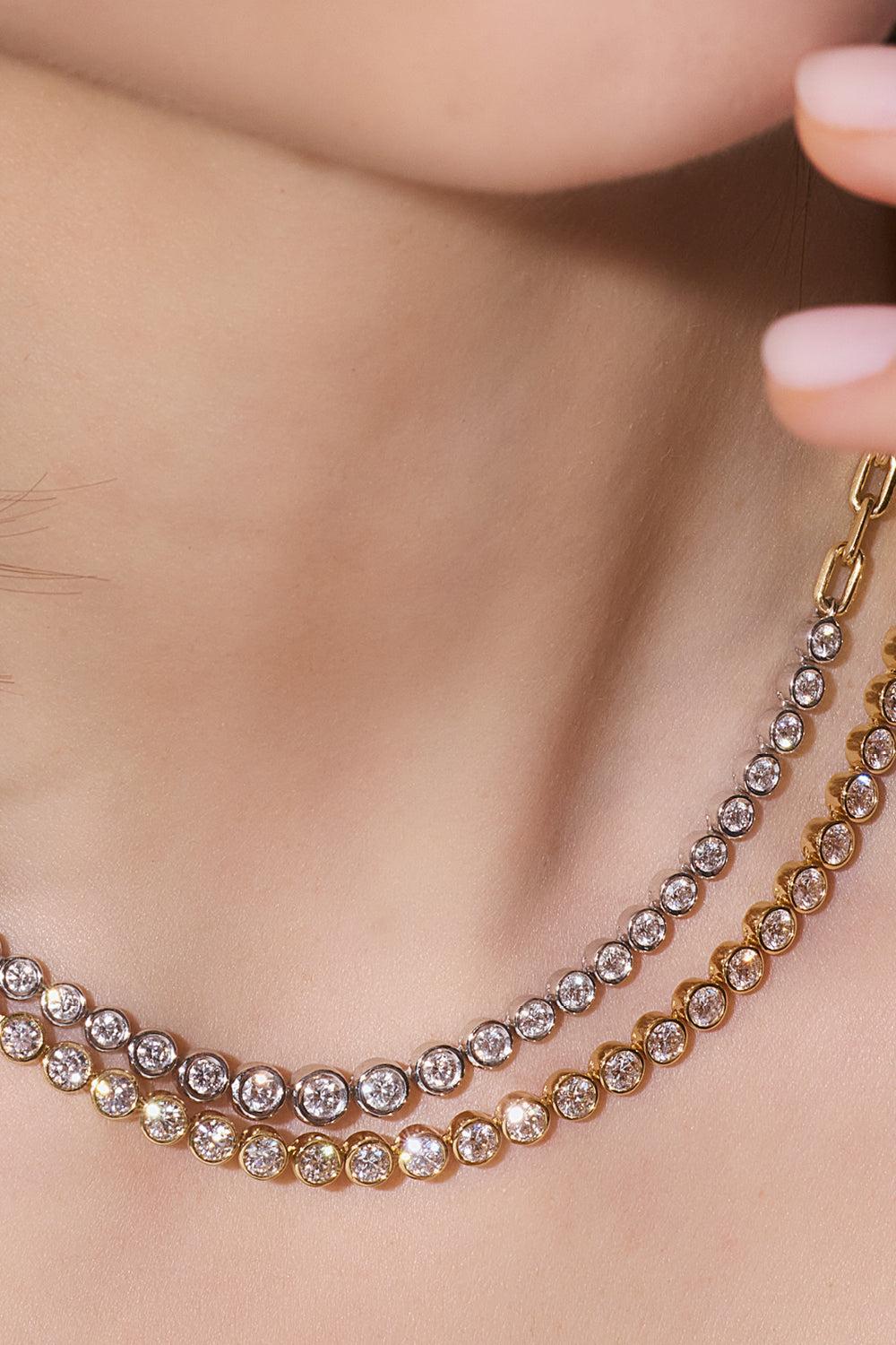 Diamond Bezel WF Classic Tennis Necklace-YELLOW GOLD-16-JEWELRYFINE JEWELNECKLACE O-WALTERS FAITH