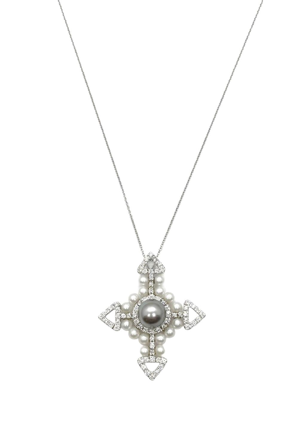 Diamond Pearl Cross Necklace-WHITE GOLD-JEWELRYFINE JEWELNECKLACE O-ANDREOLI
