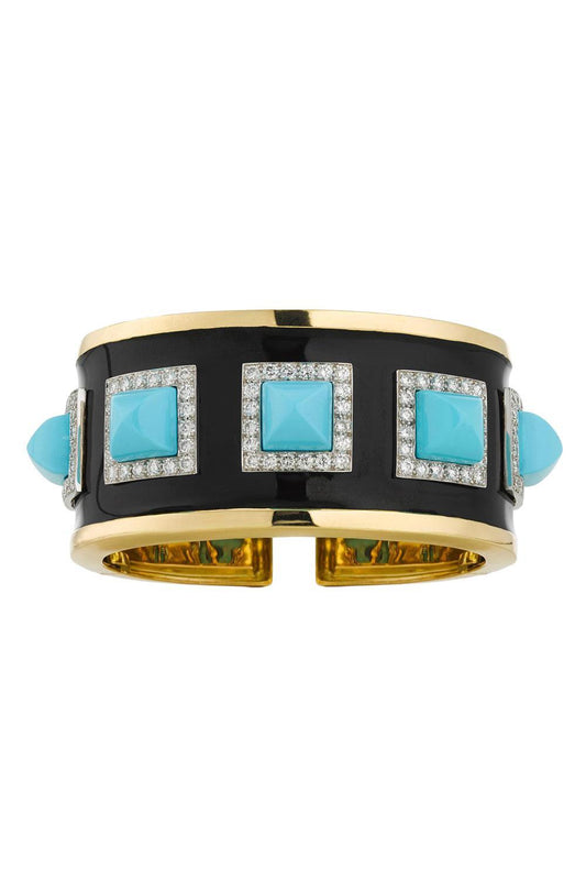Turquoise Diamond Black Sugarloaf Bastille Cuff Bracelet-YELLOW GOLD-JEWELRYFINE JEWELBRACELET O-DAVID WEBB