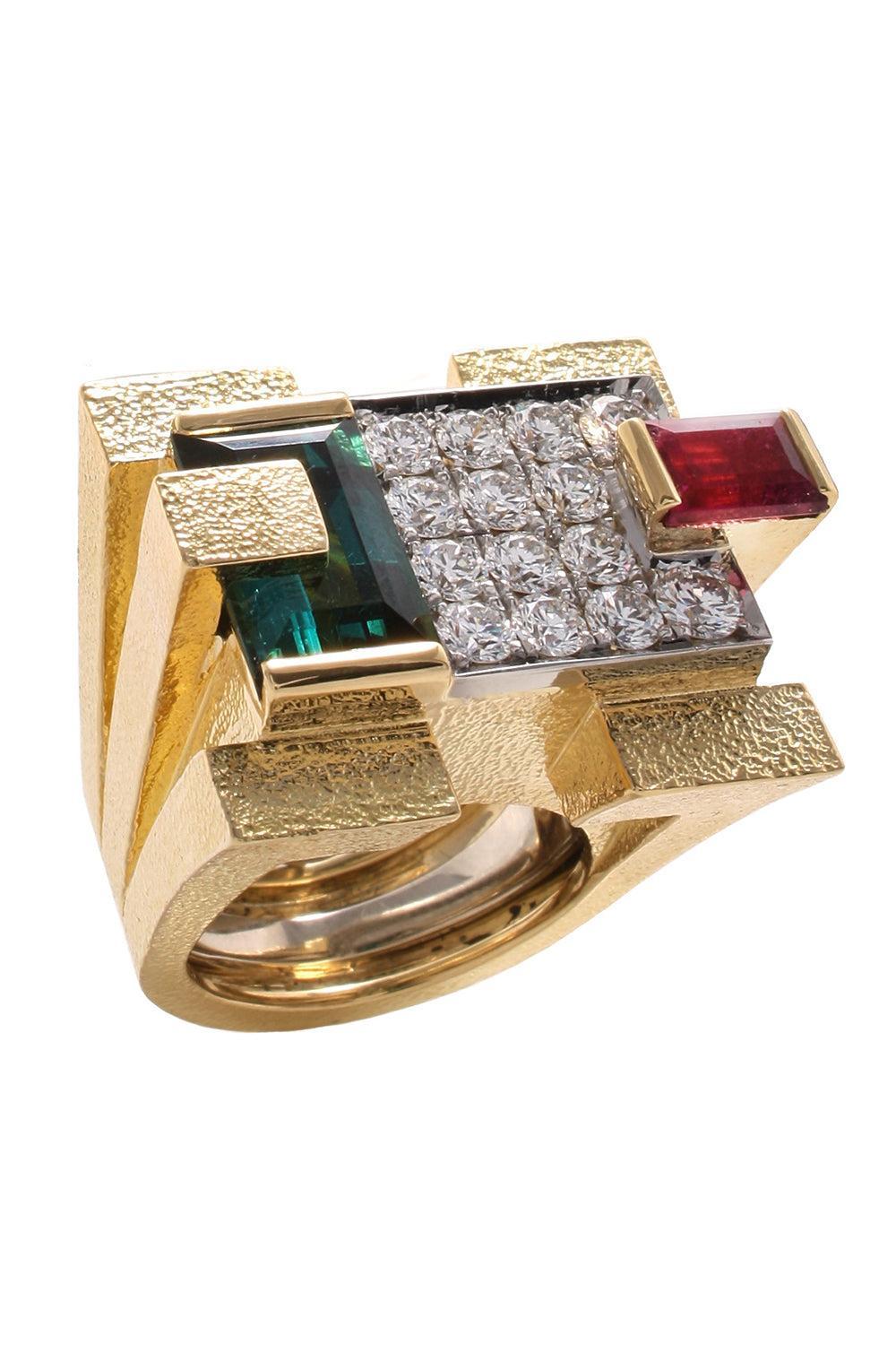 Green Tourmaline Step Cut Cubist Scaffold Ring-YELLOW GOLD-6-JEWELRYFINE JEWELRING-DAVID WEBB