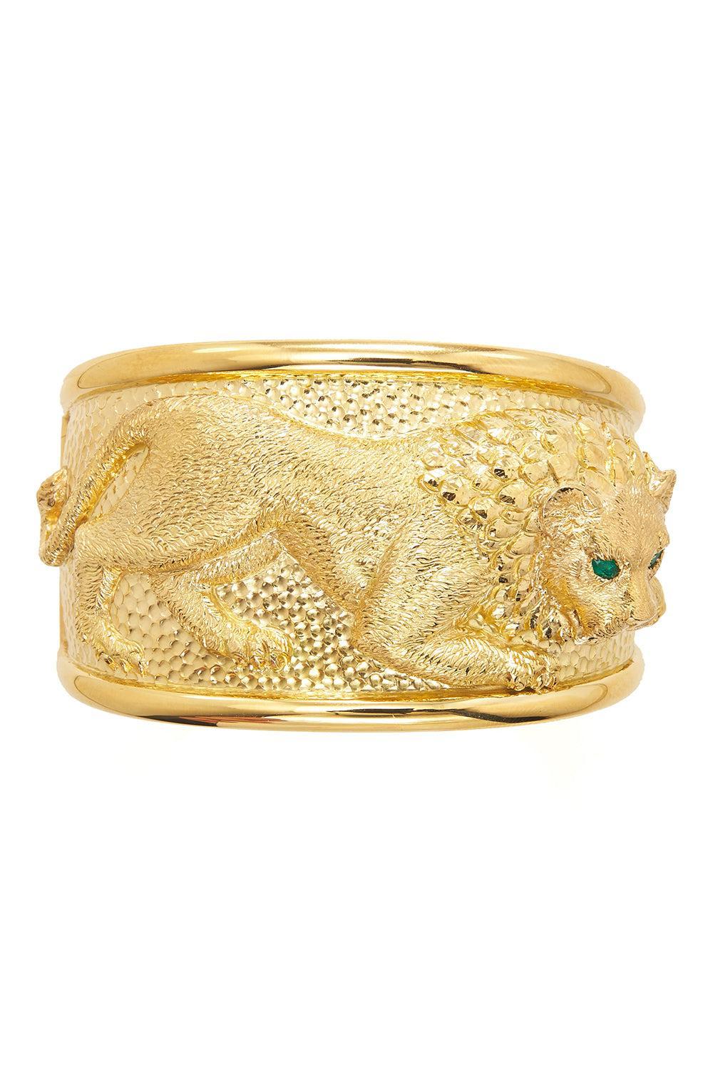 Emerald Repousse Lion Cuff Bracelet-YELLOW GOLD-JEWELRYFINE JEWELBRACELET O-DAVID WEBB