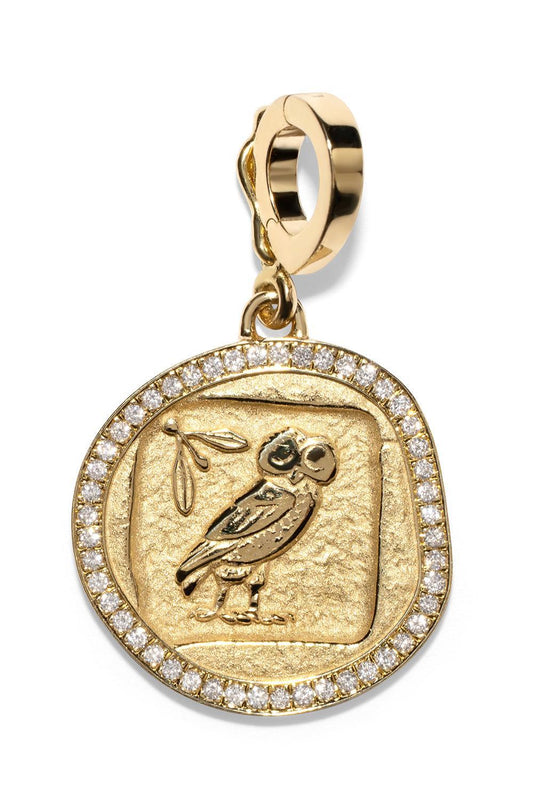 Diamond Border Owl Wisdom Small Coin Charm-YELLOW GOLD-JEWELRYFINE JEWELPENDANT-AZLEE