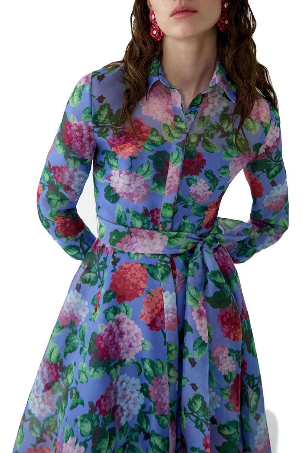 Three-Quarter Sleeve Midi Trench Dress-FLORAL-4-CLOTHINGDRESSCOCKTAIL-CAROLINA HERRERA