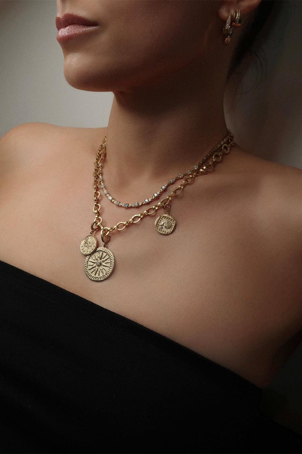 Diamond Small Prosperity Palm Coin Pendant-YELLOW GOLD-JEWELRYFINE JEWELPENDANT-AZLEE