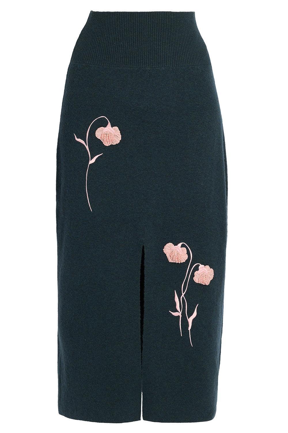Embroidered Midi Pencil Skirt-GREEN-XS-CLOTHINGSKIRTKNEE LENGT-ERDEM