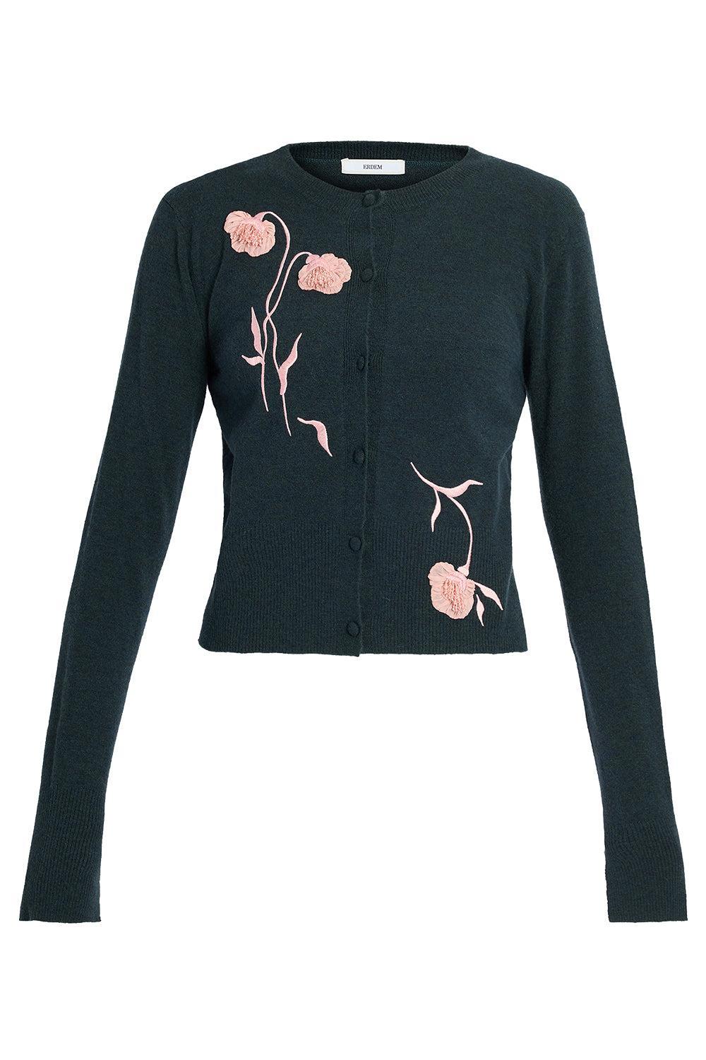Embroidered Fitted Cardigan-GREEN-XS-CLOTHINGTOPCARDIGAN-ERDEM