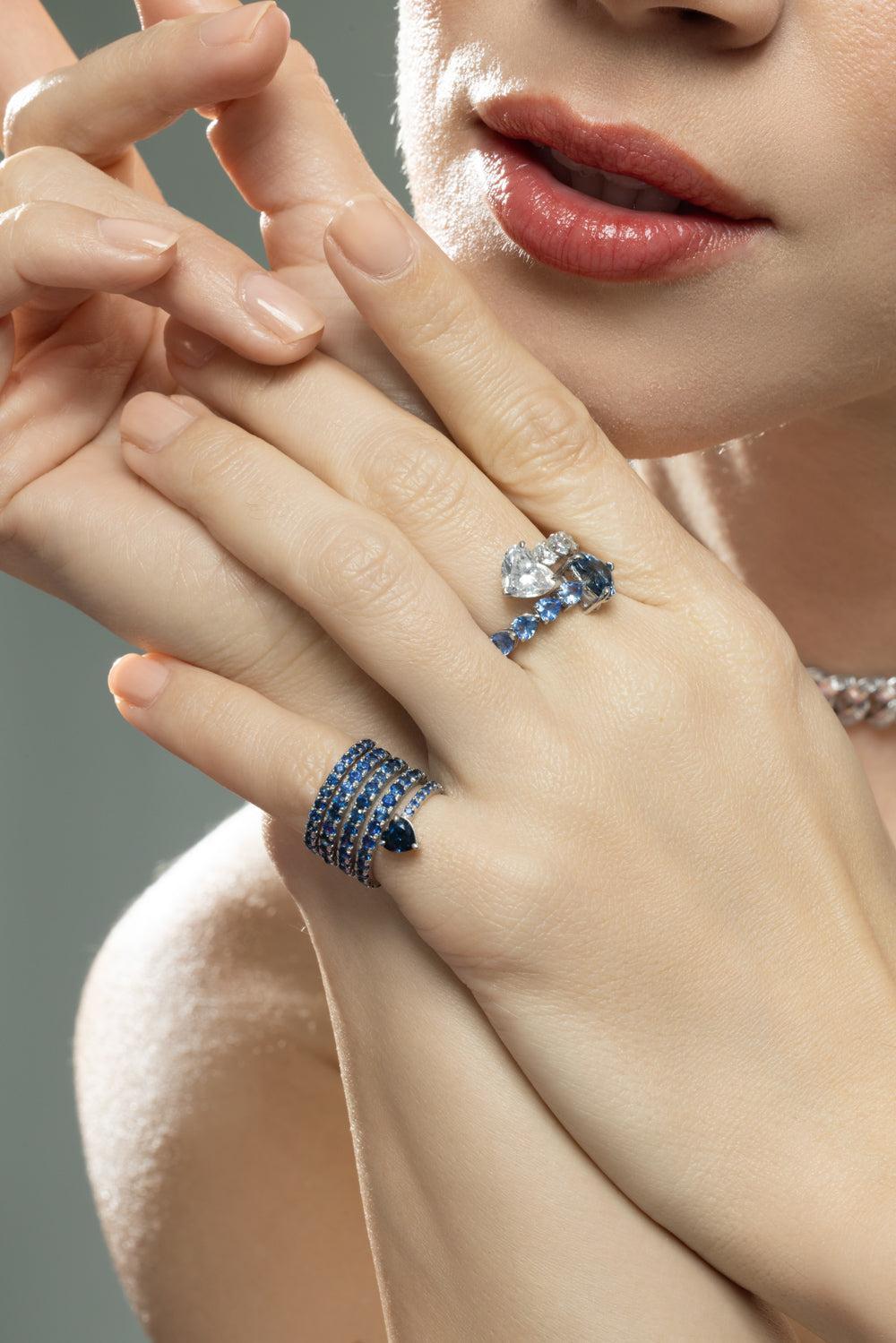 Blue Sapphire Spiral Heart Pinky Ring-WHITE GOLD-3.25-JEWELRYFINE JEWELRING-SHAY JEWELRY