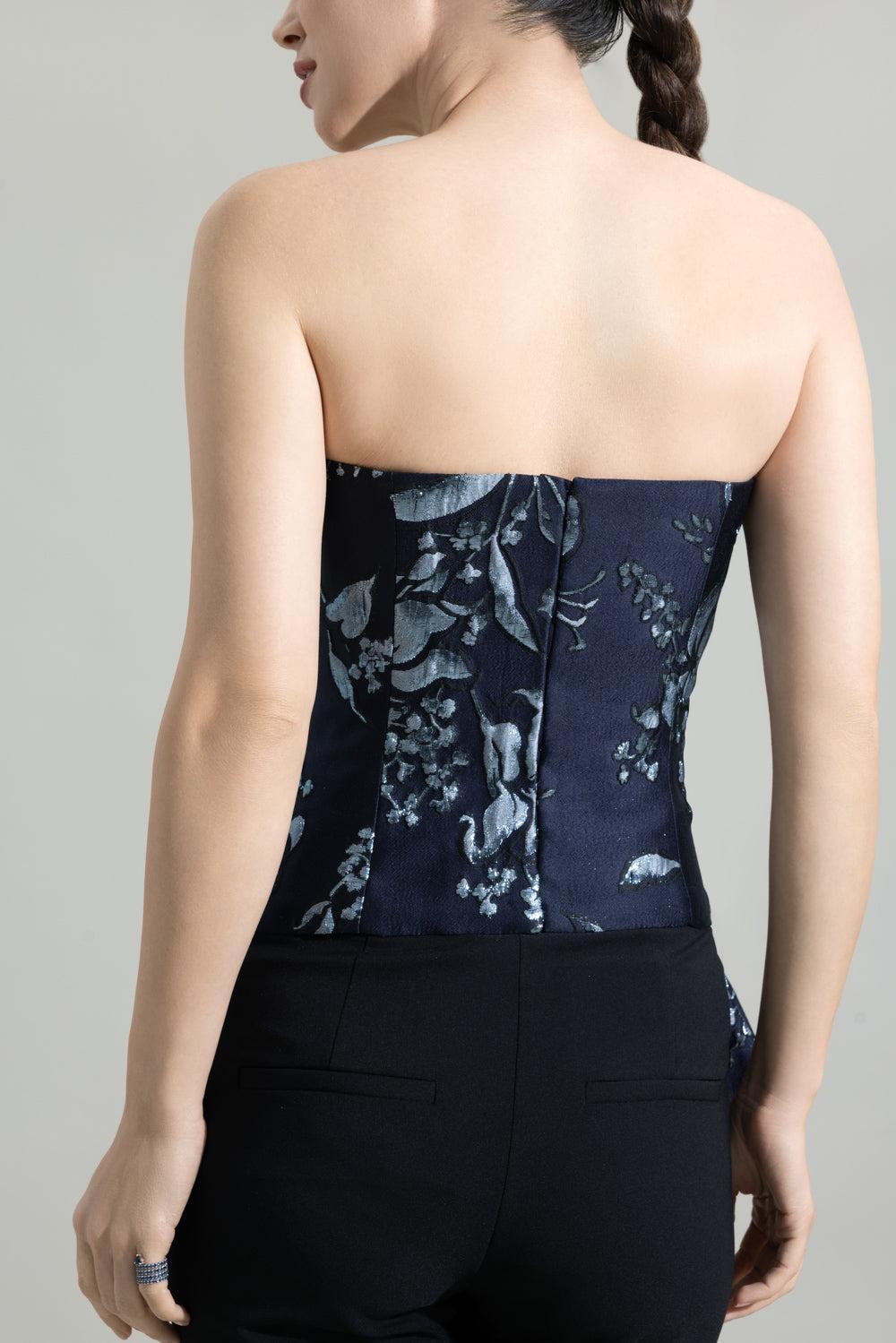 Metallic Floral Jacquard Cascade Top-BLUE-2-CLOTHINGTOPBLOUSE-LELA ROSE