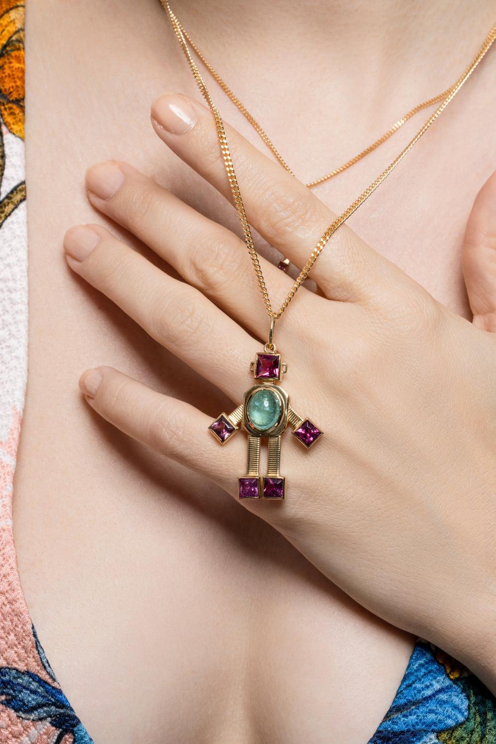 Paraiba Tourmaline Rubellite Maxi Robot Pendant-YELLOW GOLD-JEWELRYFINE JEWELPENDANT-VAN