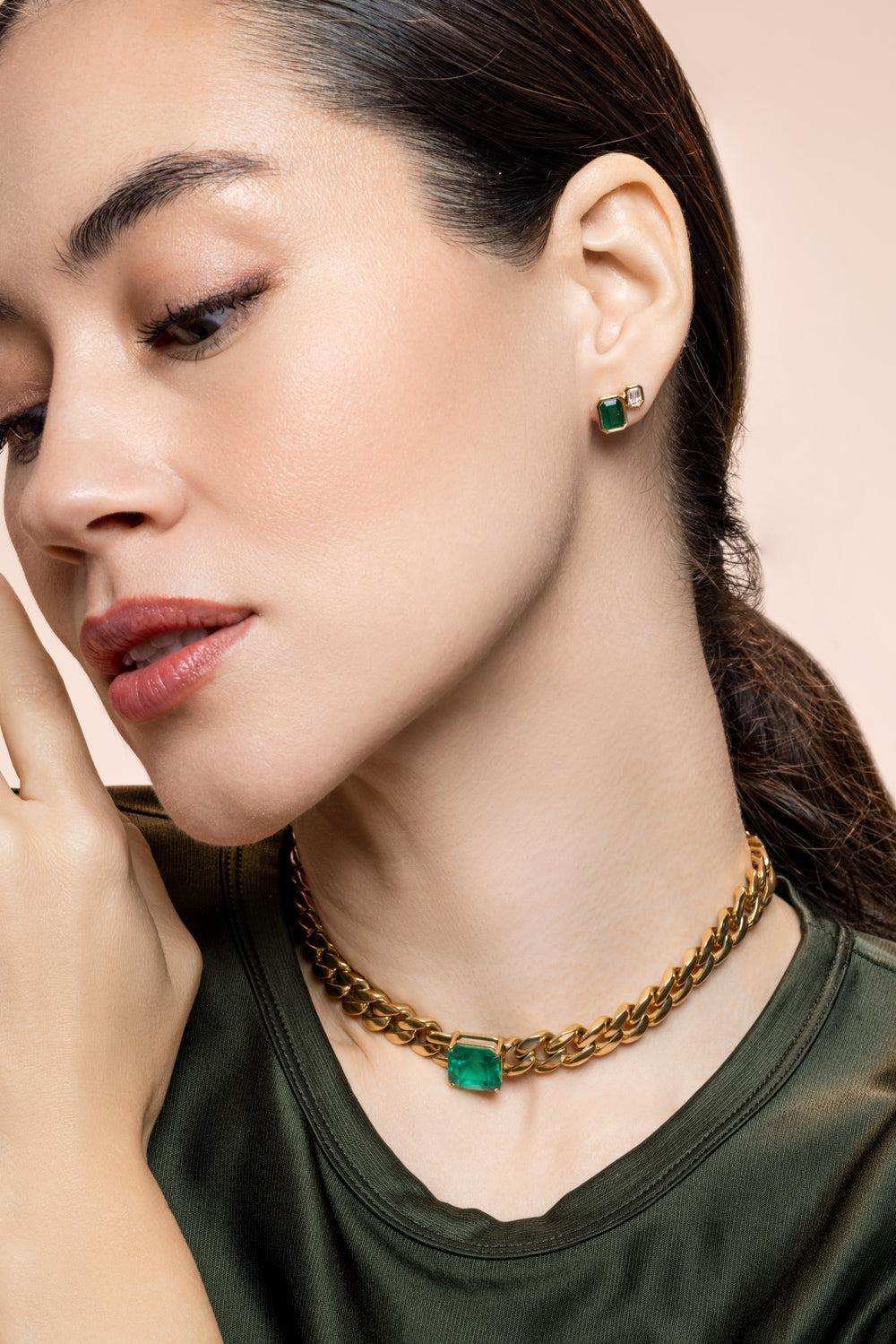 Diamond Emerald Step Up Stud Earrings-YELLOW GOLD-JEWELRYFINE JEWELEARRING-SHAY JEWELRY