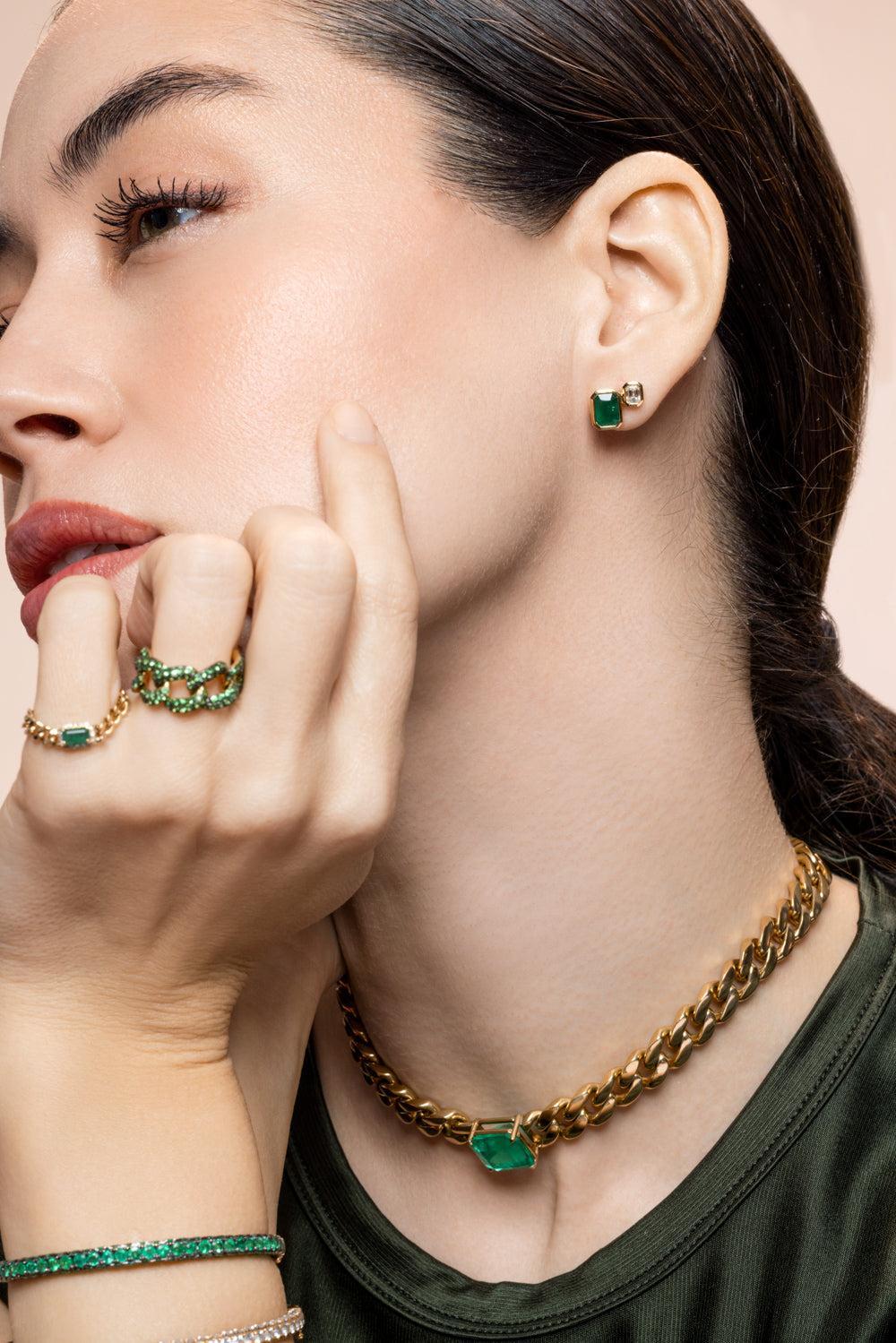 Diamond Emerald Step Up Stud Earrings-YELLOW GOLD-JEWELRYFINE JEWELEARRING-SHAY JEWELRY