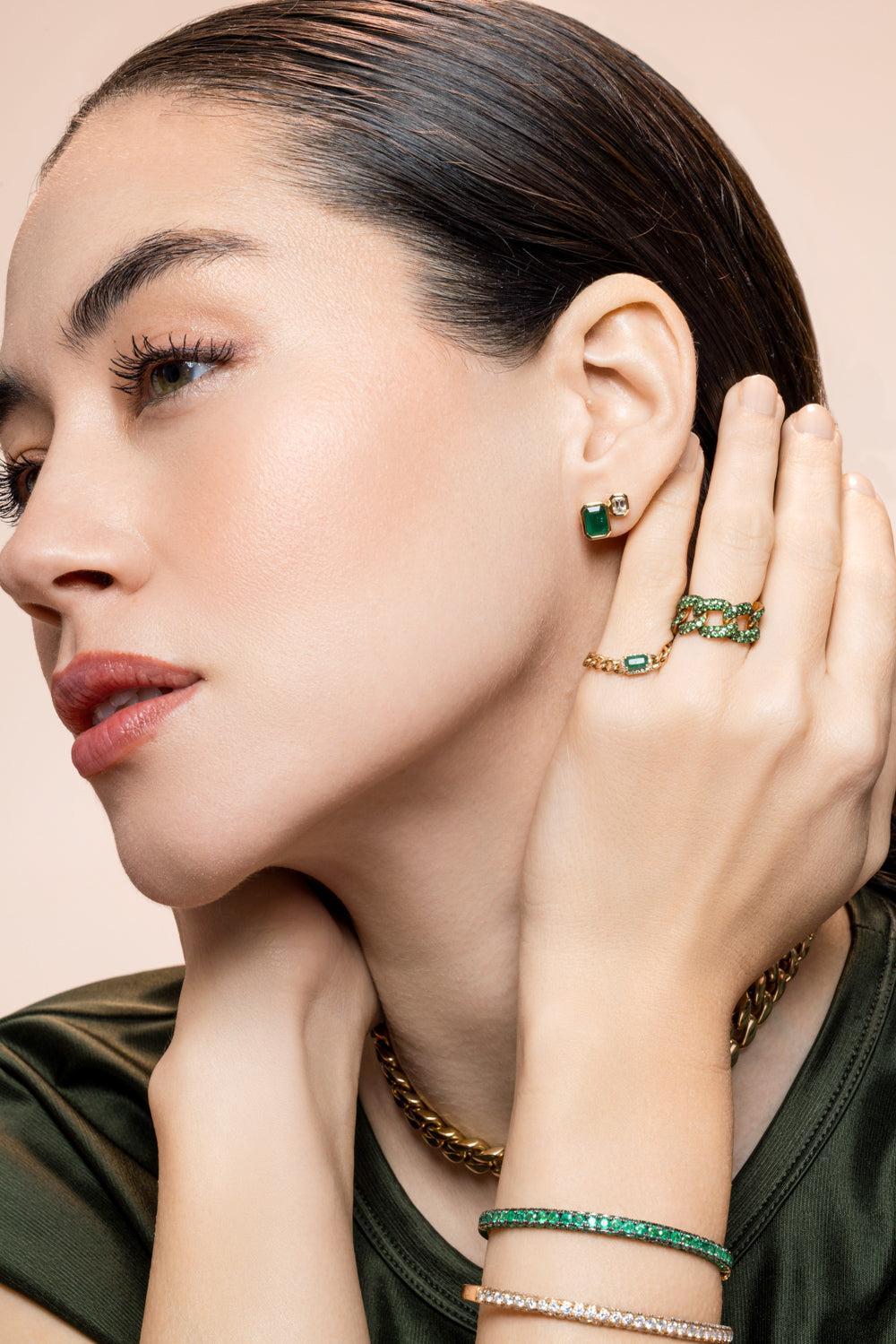 Diamond Emerald Step Up Stud Earrings-YELLOW GOLD-JEWELRYFINE JEWELEARRING-SHAY JEWELRY