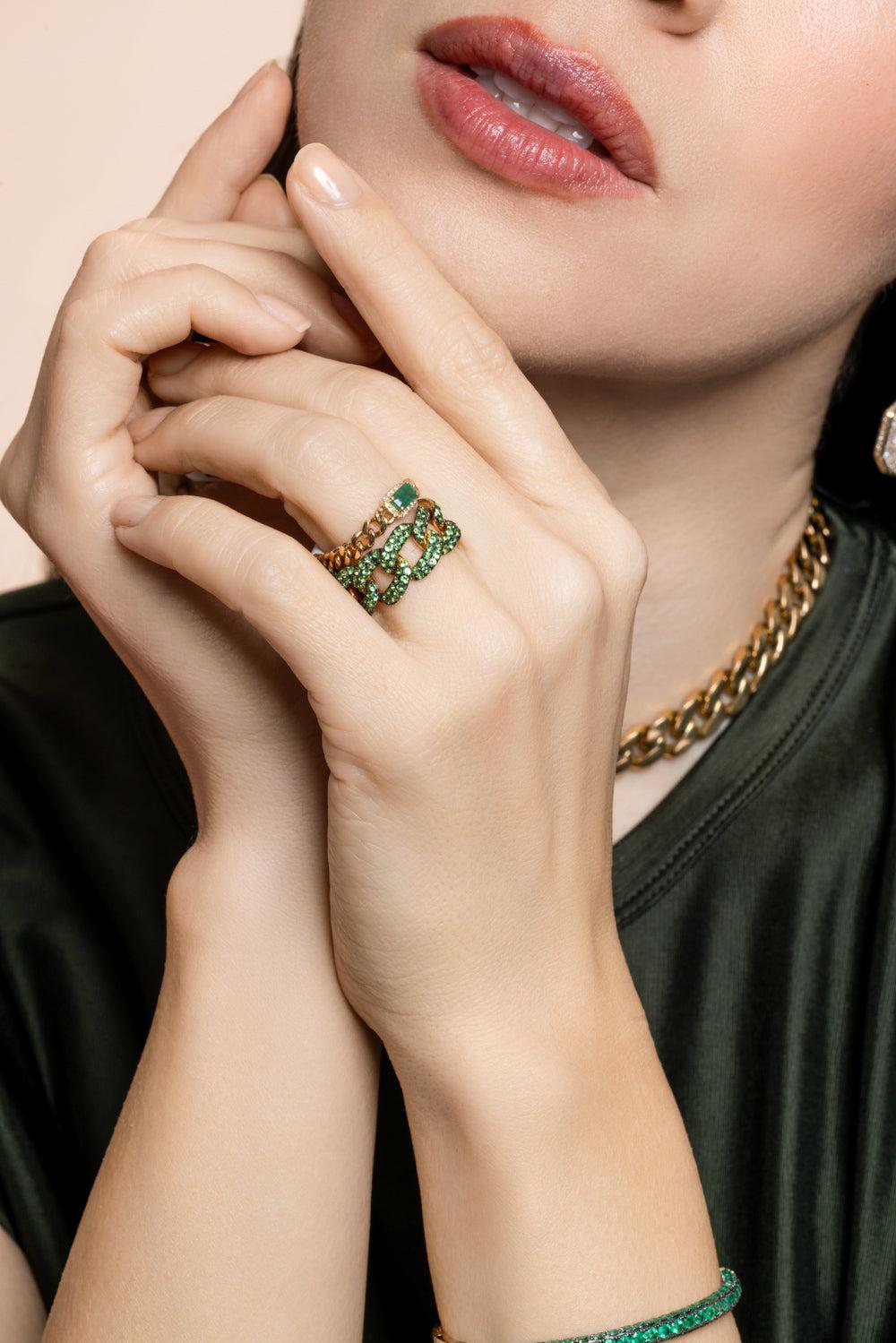 Emerald Rectangle Baby Link Ring-YELLOW GOLD-7-JEWELRYFINE JEWELRING-SHAY JEWELRY