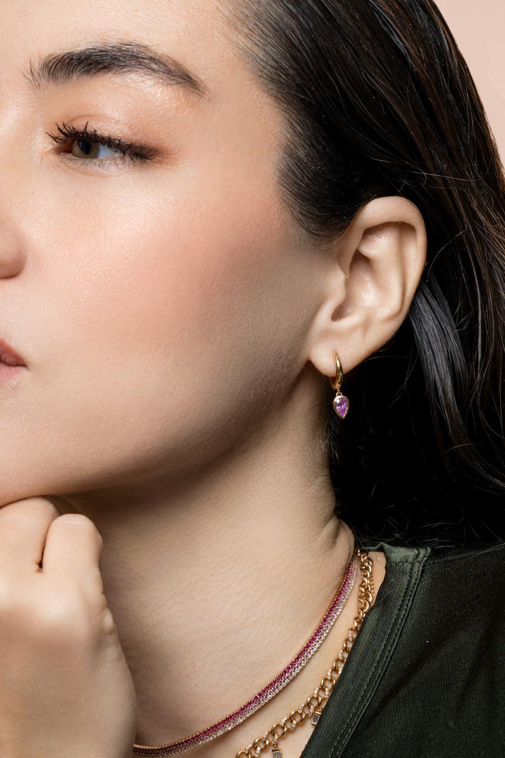Pink Sapphire Pear Drop Huggie Earring-YELLOW GOLD-JEWELRYFINE JEWELEARRING-SHAY JEWELRY