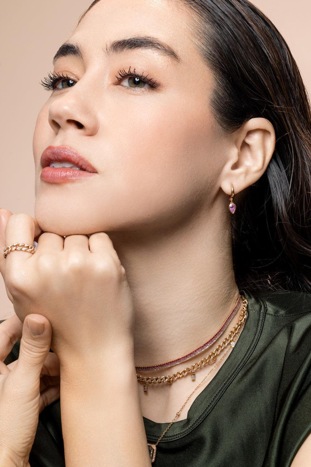 Pink Sapphire Pear Drop Huggie Earring-YELLOW GOLD-JEWELRYFINE JEWELEARRING-SHAY JEWELRY