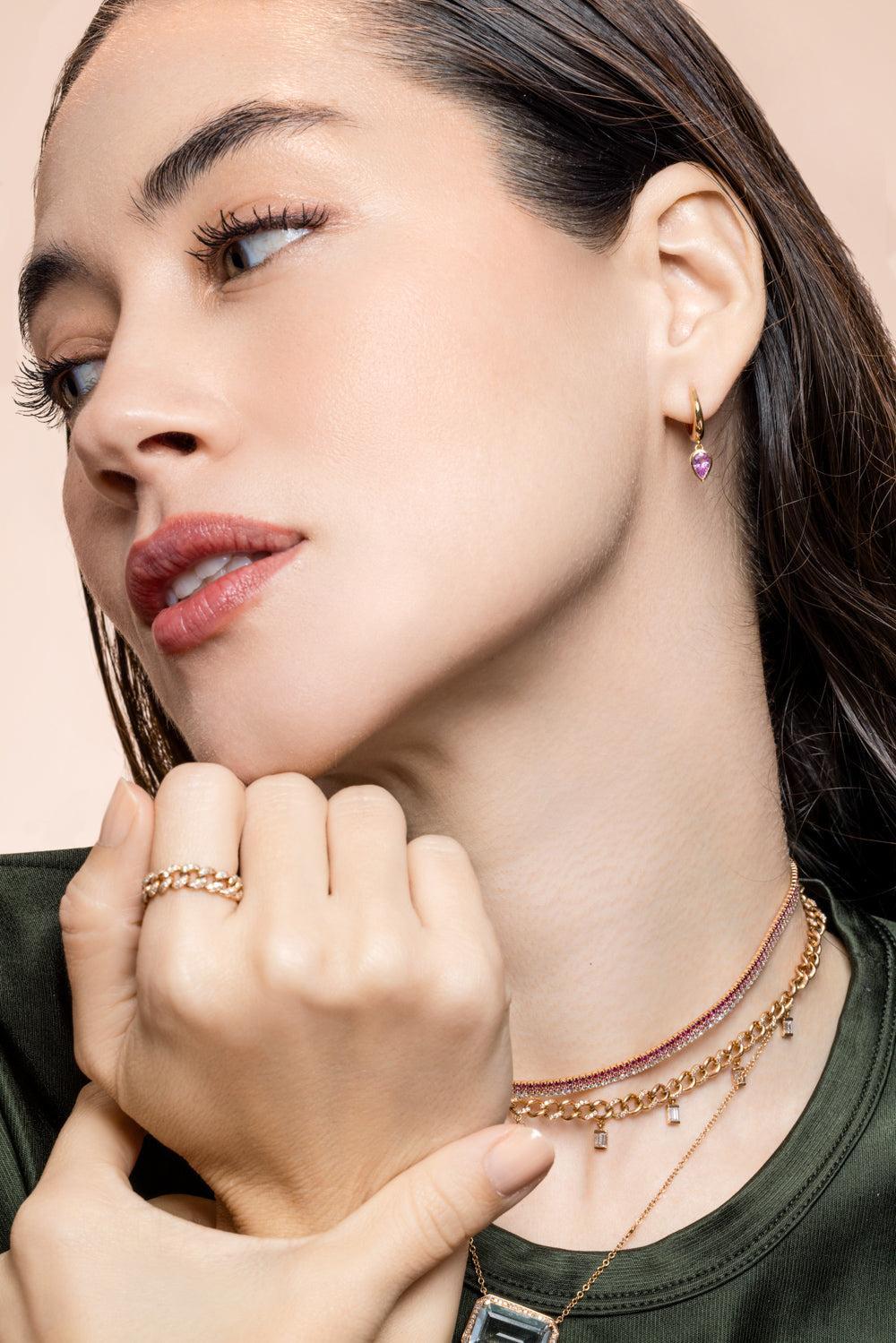 Pink Sapphire Pear Drop Huggie Earring-YELLOW GOLD-JEWELRYFINE JEWELEARRING-SHAY JEWELRY