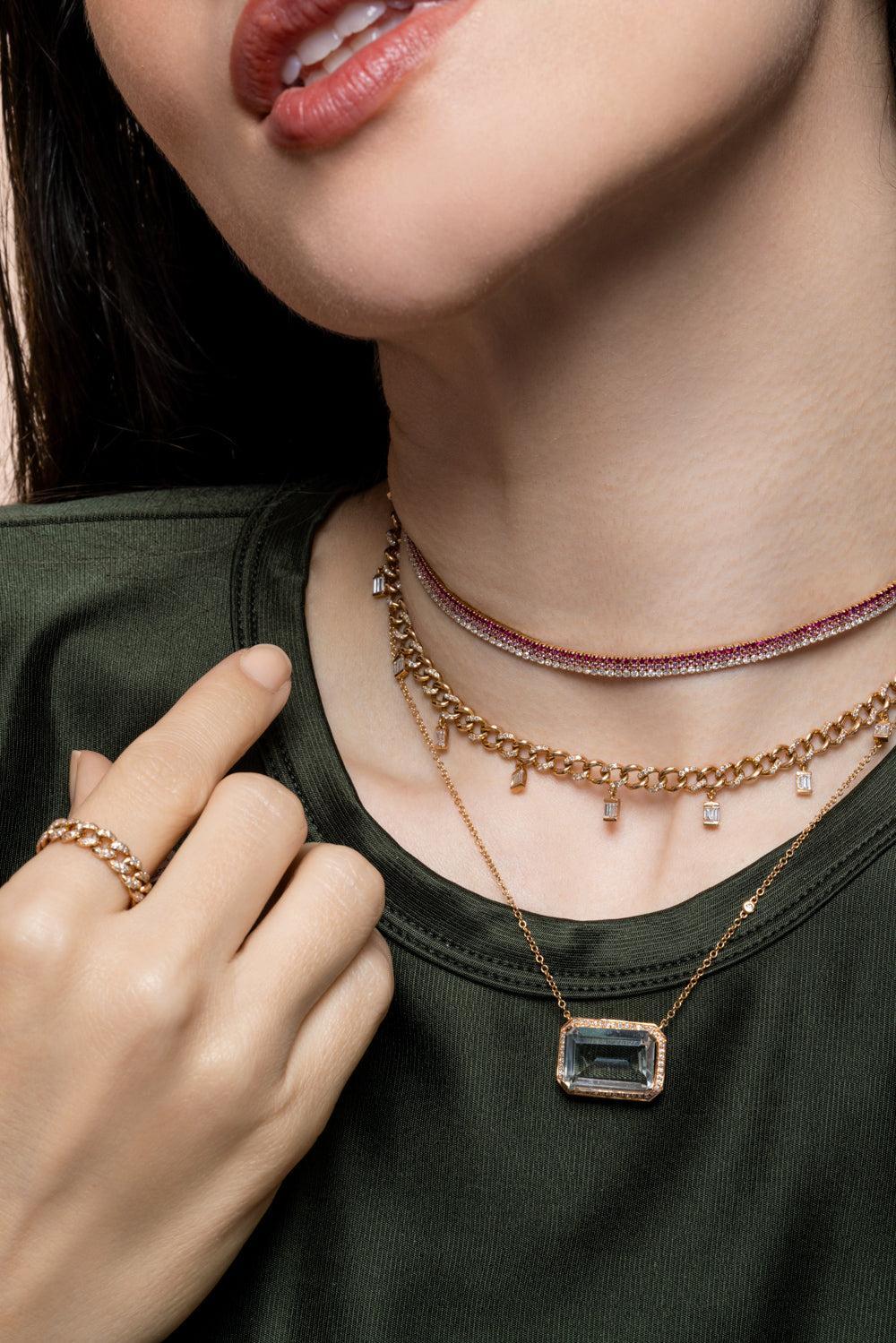Diamond Baguette Drop Link Choker Necklace-ROSE GOLD-JEWELRYFINE JEWELNECKLACE O-SHAY JEWELRY