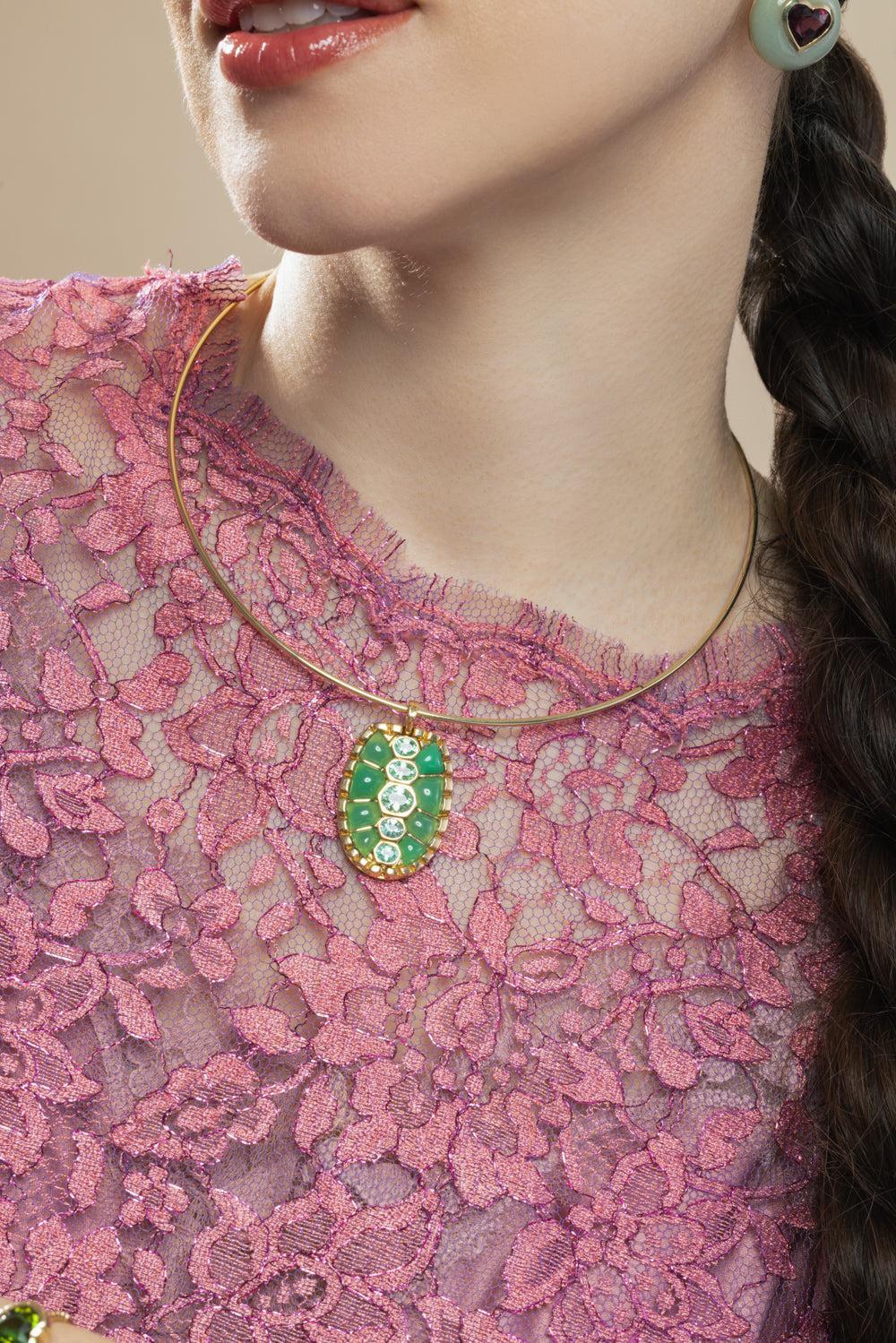 Chrysoprase Paraiba Tortoiseshell Pendant Necklace-YELLOW GOLD-16-JEWELRYFINE JEWELNECKLACE O-RETROUVAI