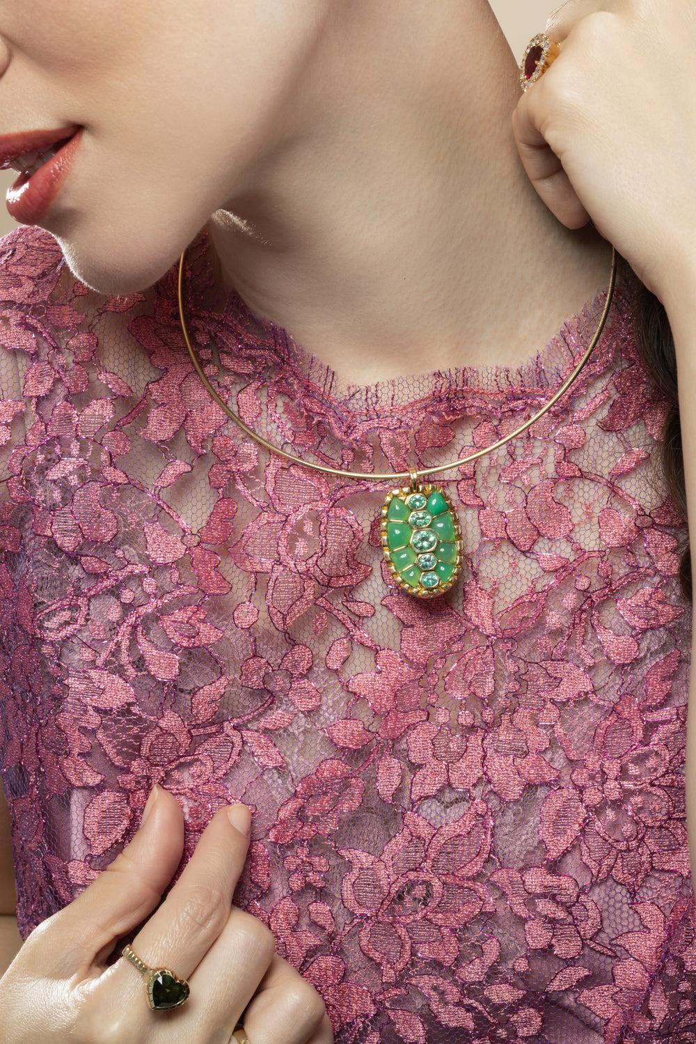 Chrysoprase Paraiba Tortoiseshell Pendant Necklace-YELLOW GOLD-16-JEWELRYFINE JEWELNECKLACE O-RETROUVAI