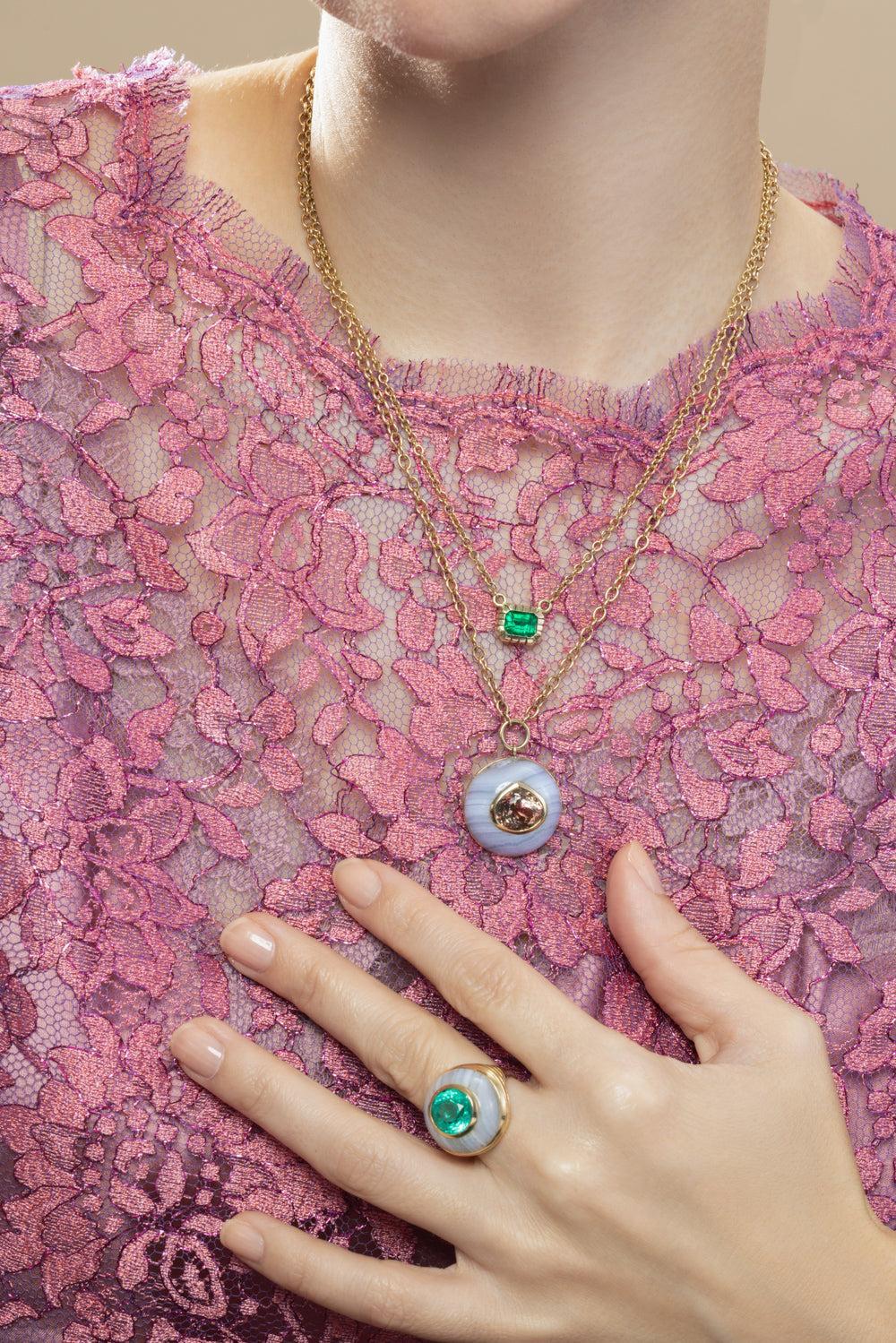 Peach Tourmaline Blue Lace Agate Lollipop Pendant Necklace-YELLOW GOLD-18-JEWELRYBOUTIQUENECKLACE O-RETROUVAI