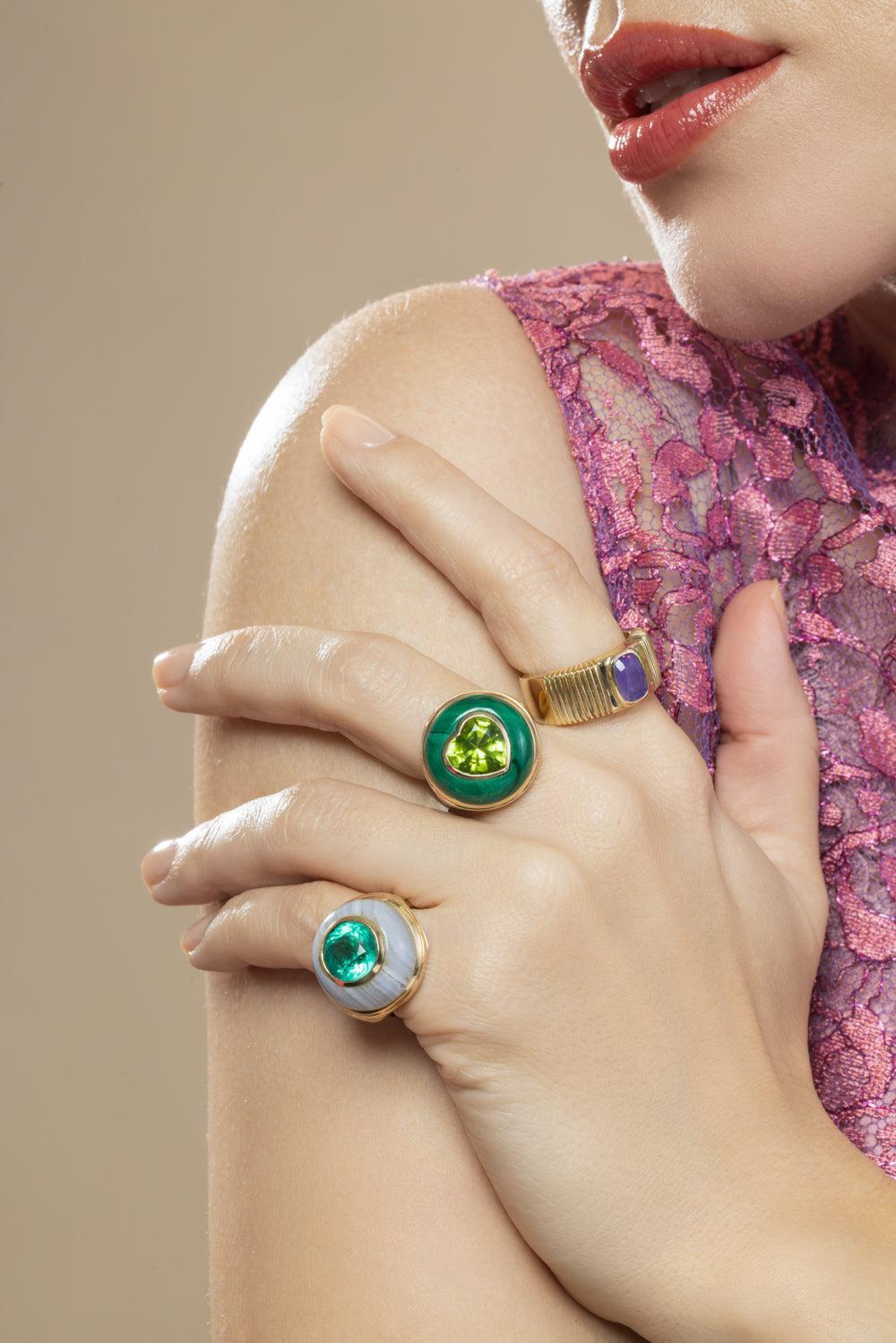 Emerald Blue Agate Petite Lollipop Ring-YELLOW GOLD-7-JEWELRYFINE JEWELRING-RETROUVAI