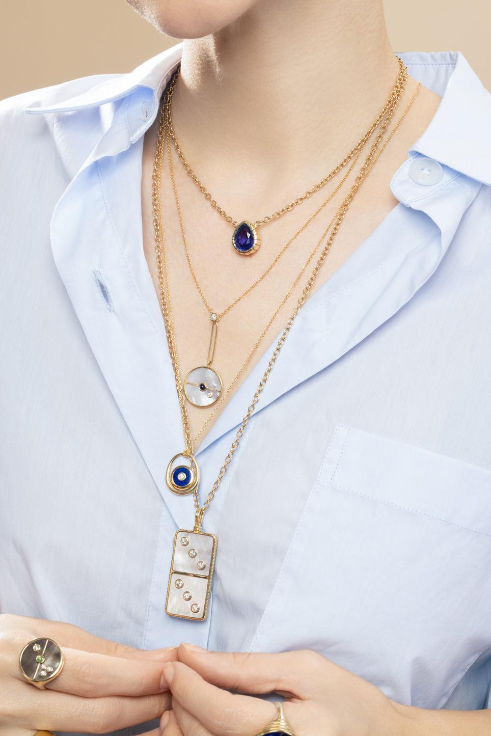 Blue Sapphire Pearl Signature Compass Pendant Necklace-YELLOW GOLD-24-JEWELRYFINE JEWELNECKLACE O-RETROUVAI