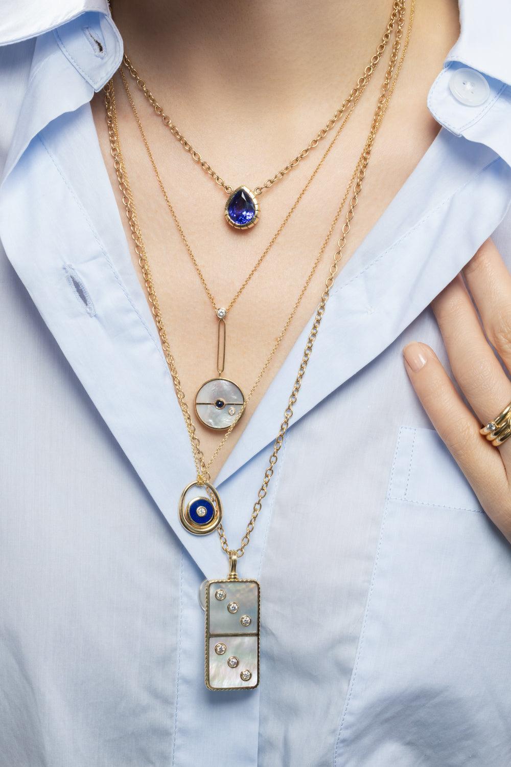 Blue Sapphire Pearl Signature Compass Pendant Necklace-YELLOW GOLD-24-JEWELRYFINE JEWELNECKLACE O-RETROUVAI