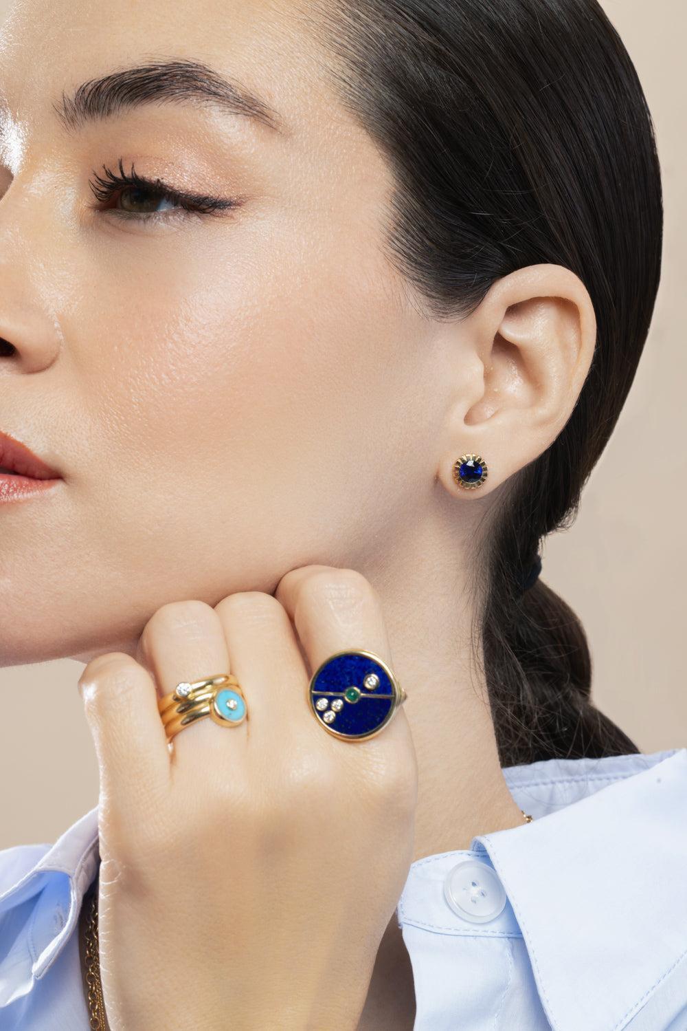 Blue Sapphire Round Bezel Heirloom Stud Earrings-YELLOW GOLD-JEWELRYFINE JEWELEARRING-RETROUVAI