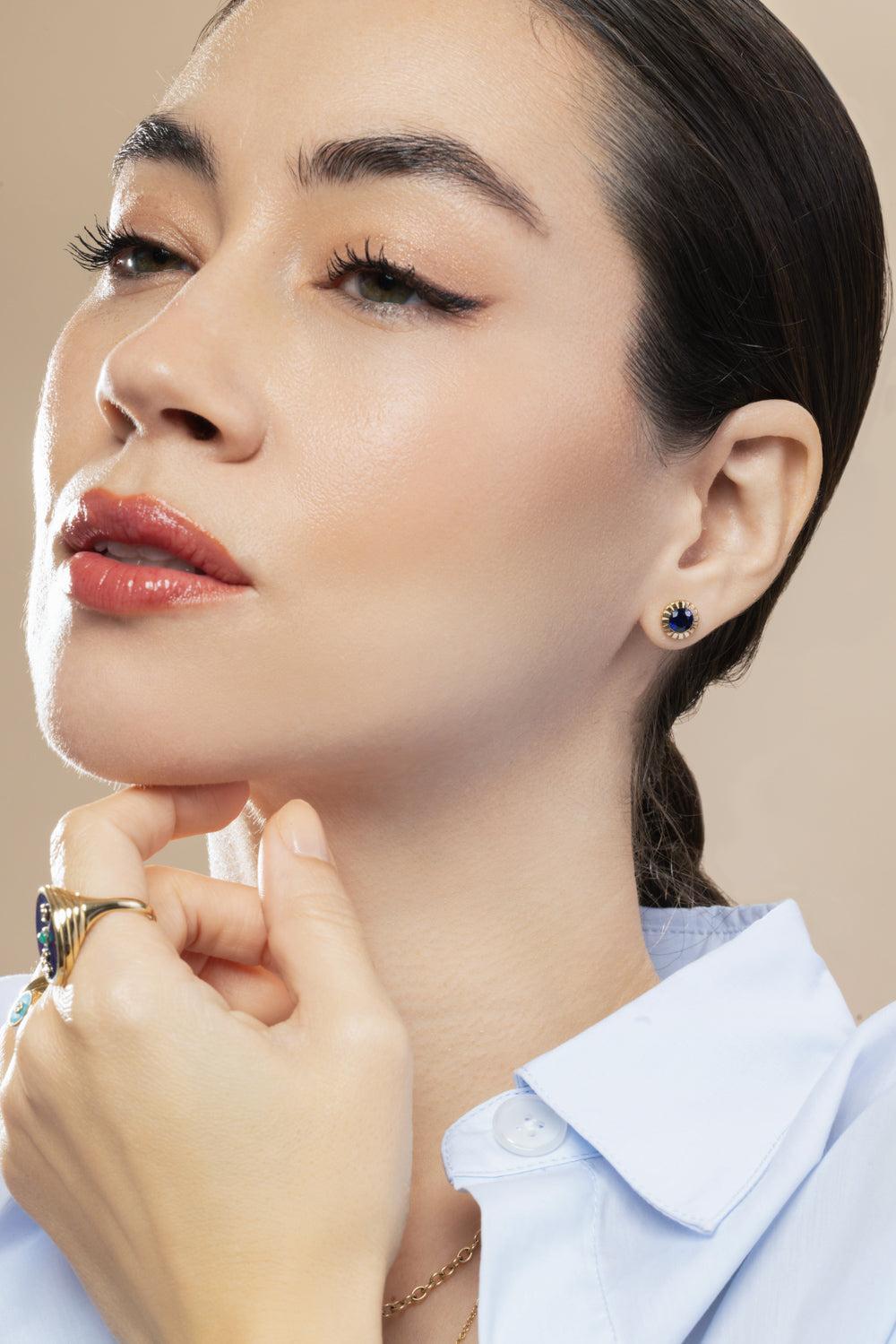 Blue Sapphire Round Bezel Heirloom Stud Earrings-YELLOW GOLD-JEWELRYFINE JEWELEARRING-RETROUVAI