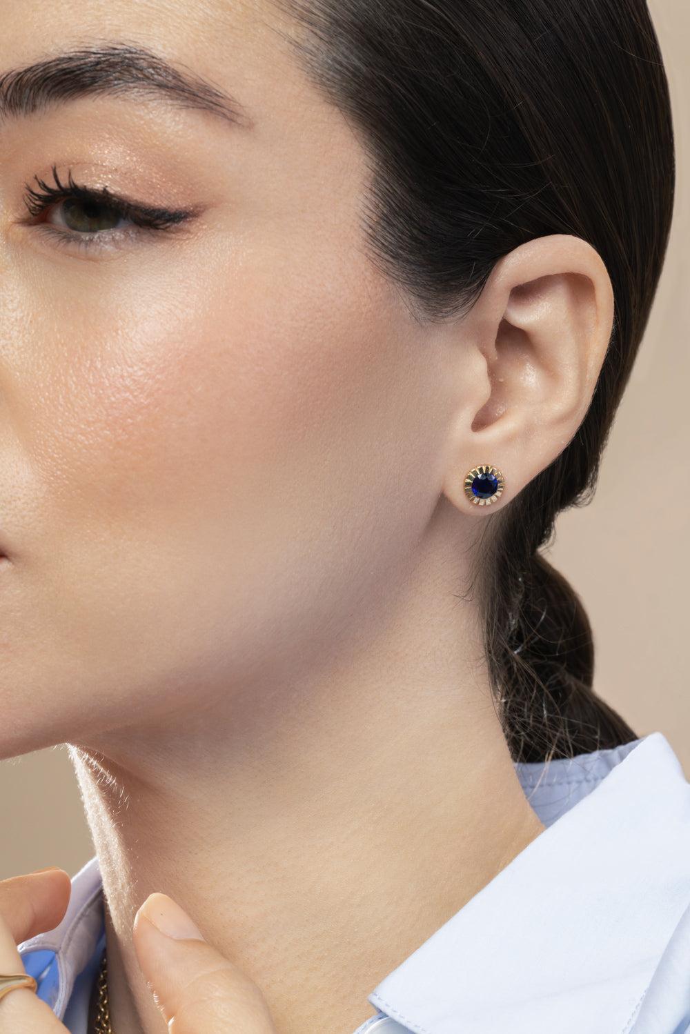 Blue Sapphire Round Bezel Heirloom Stud Earrings-YELLOW GOLD-JEWELRYFINE JEWELEARRING-RETROUVAI