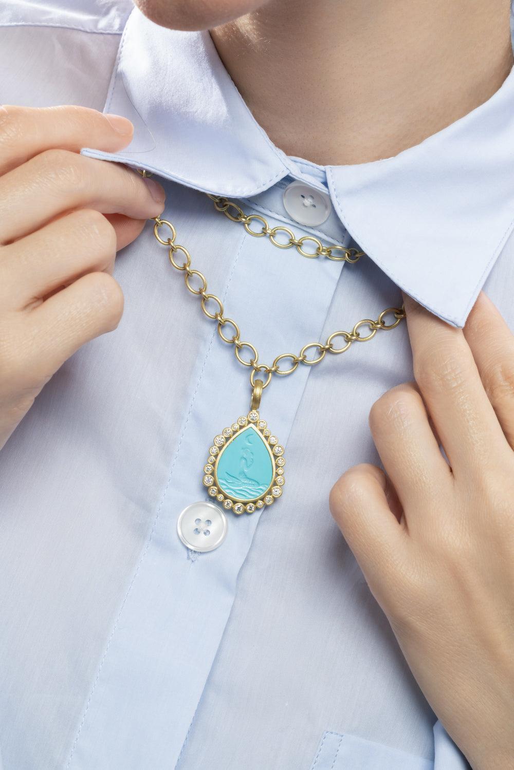 Diamond Turquoise Mermaid Pear Pendant-YELLOW GOLD-JEWELRYFINE JEWELPENDANT-LEIGH MAXWELL