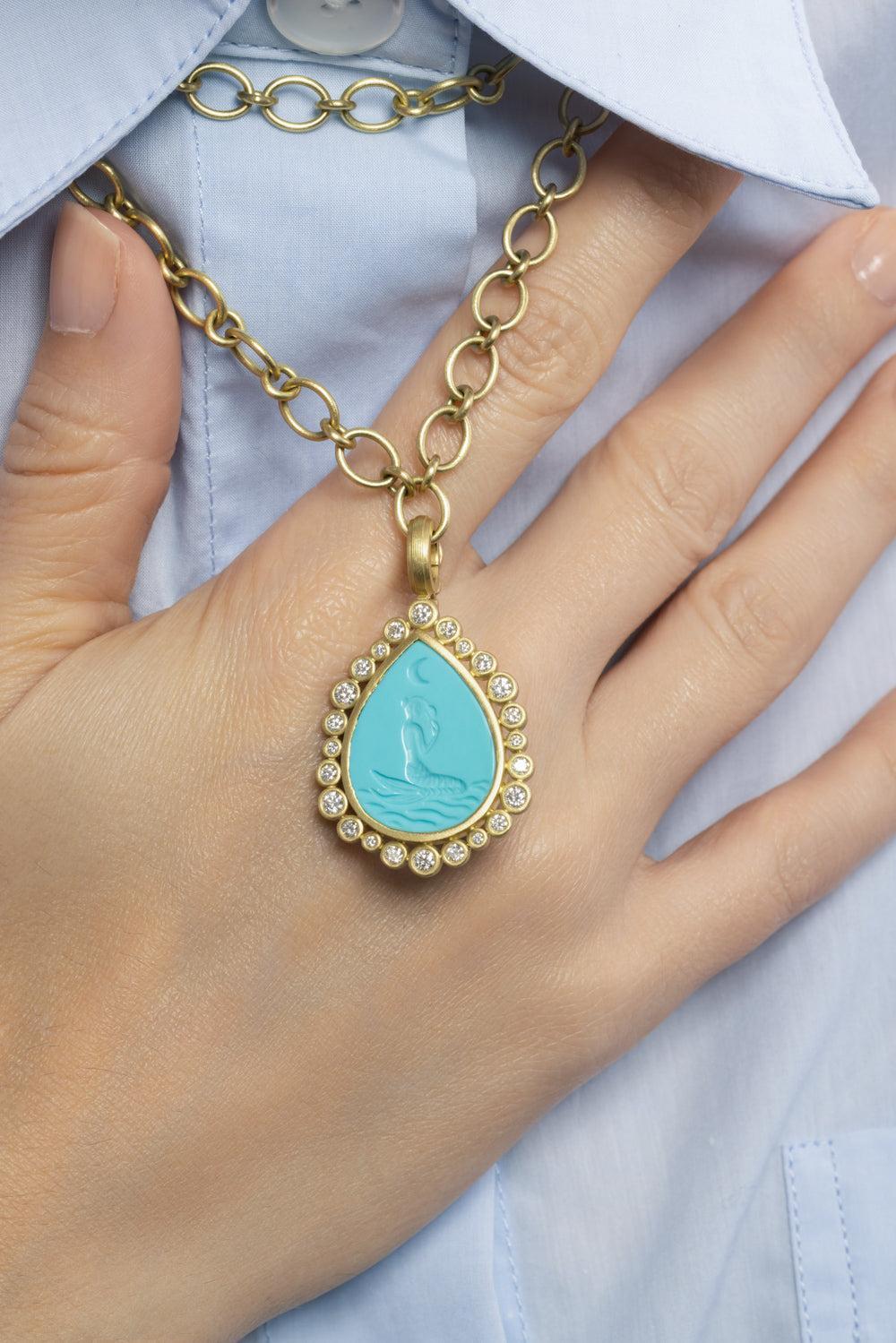 Diamond Turquoise Mermaid Pear Pendant-YELLOW GOLD-JEWELRYFINE JEWELPENDANT-LEIGH MAXWELL
