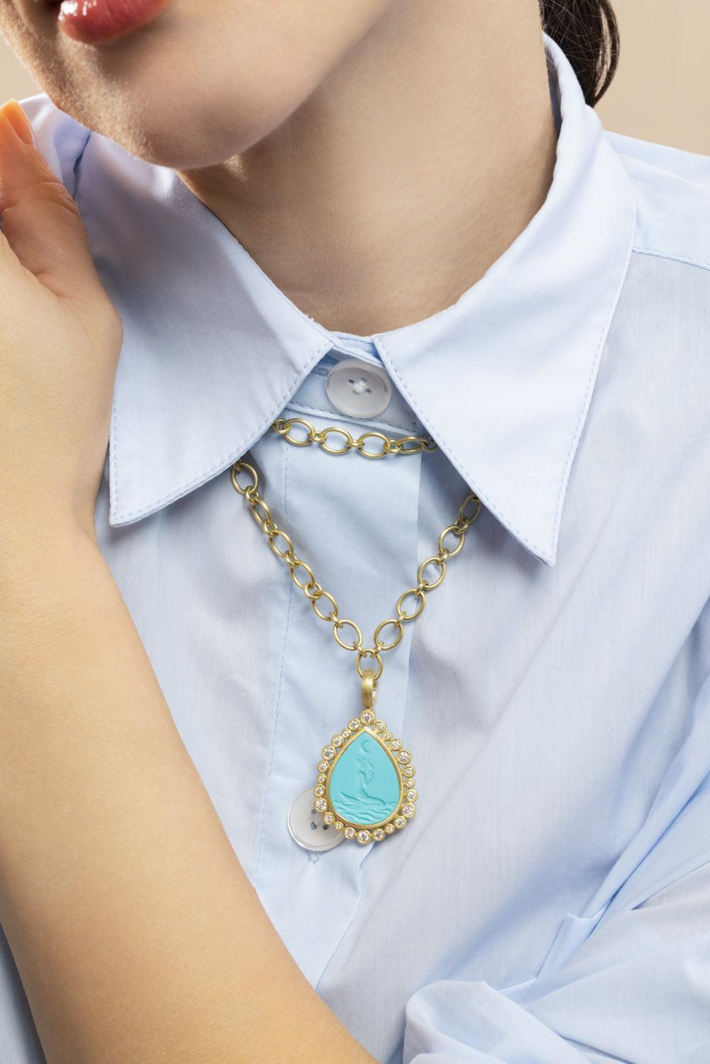 Diamond Turquoise Mermaid Pear Pendant-YELLOW GOLD-JEWELRYFINE JEWELPENDANT-LEIGH MAXWELL