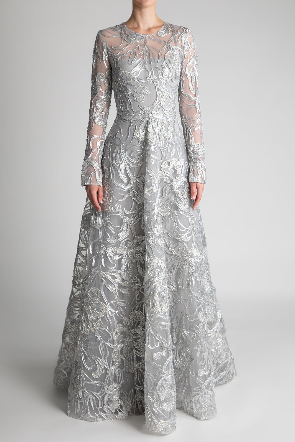 Metallic Floral Long Sleeve Gown-SILVER-4-CLOTHINGDRESSGOWN-PAMELLA ROLAND