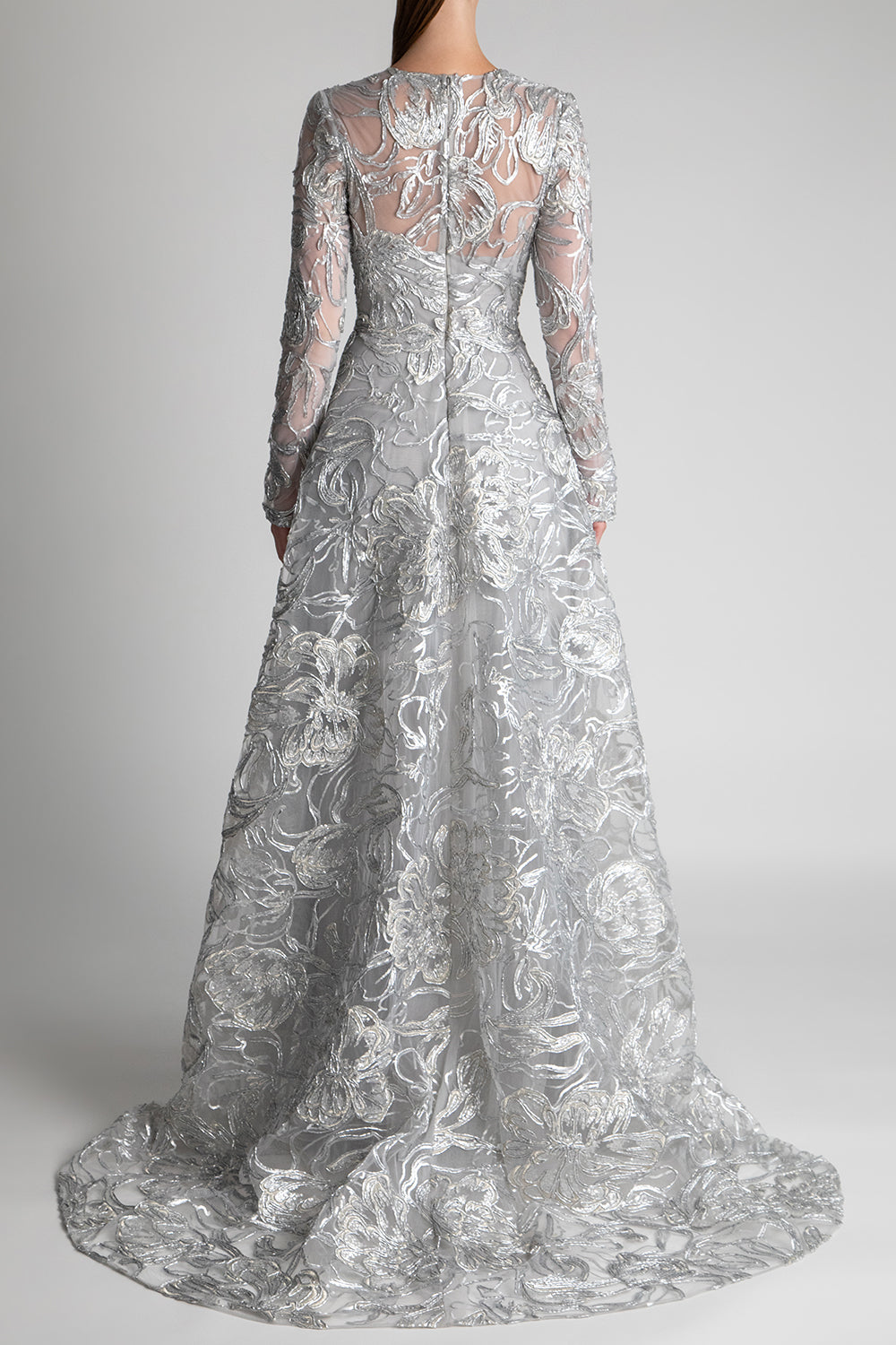 Metallic Floral Long Sleeve Gown-SILVER-4-CLOTHINGDRESSGOWN-PAMELLA ROLAND