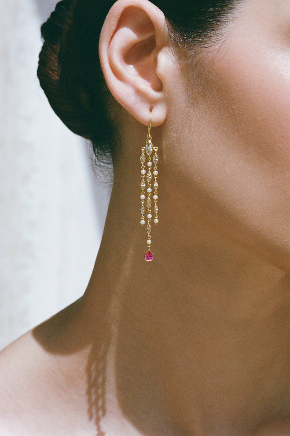 Pink Sapphire Diamond Pearl Drop Earrings