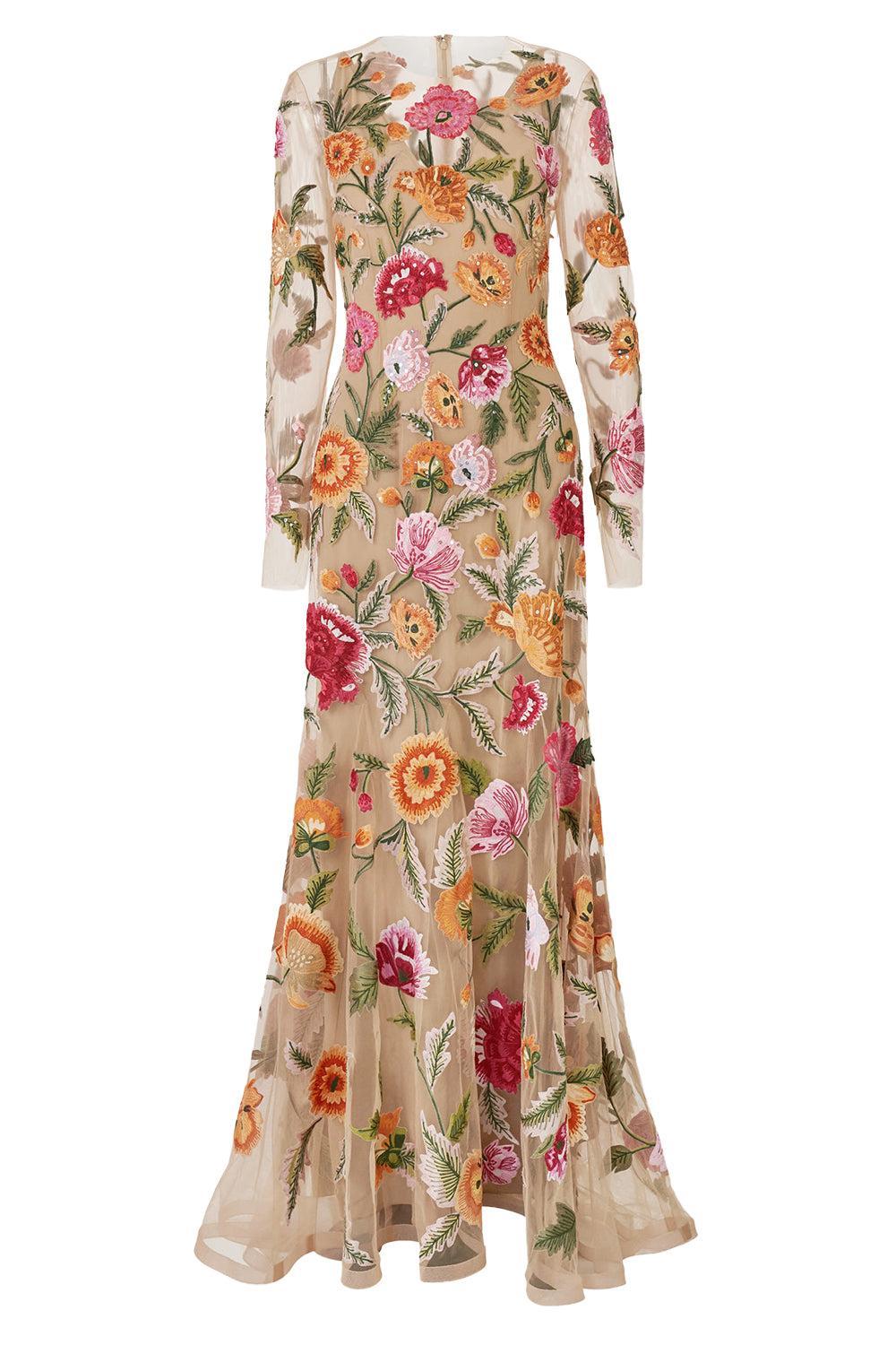 Long Sleeve Embroidered Gown-NUDE-6-CLOTHINGDRESSGOWN-CAROLINA HERRERA