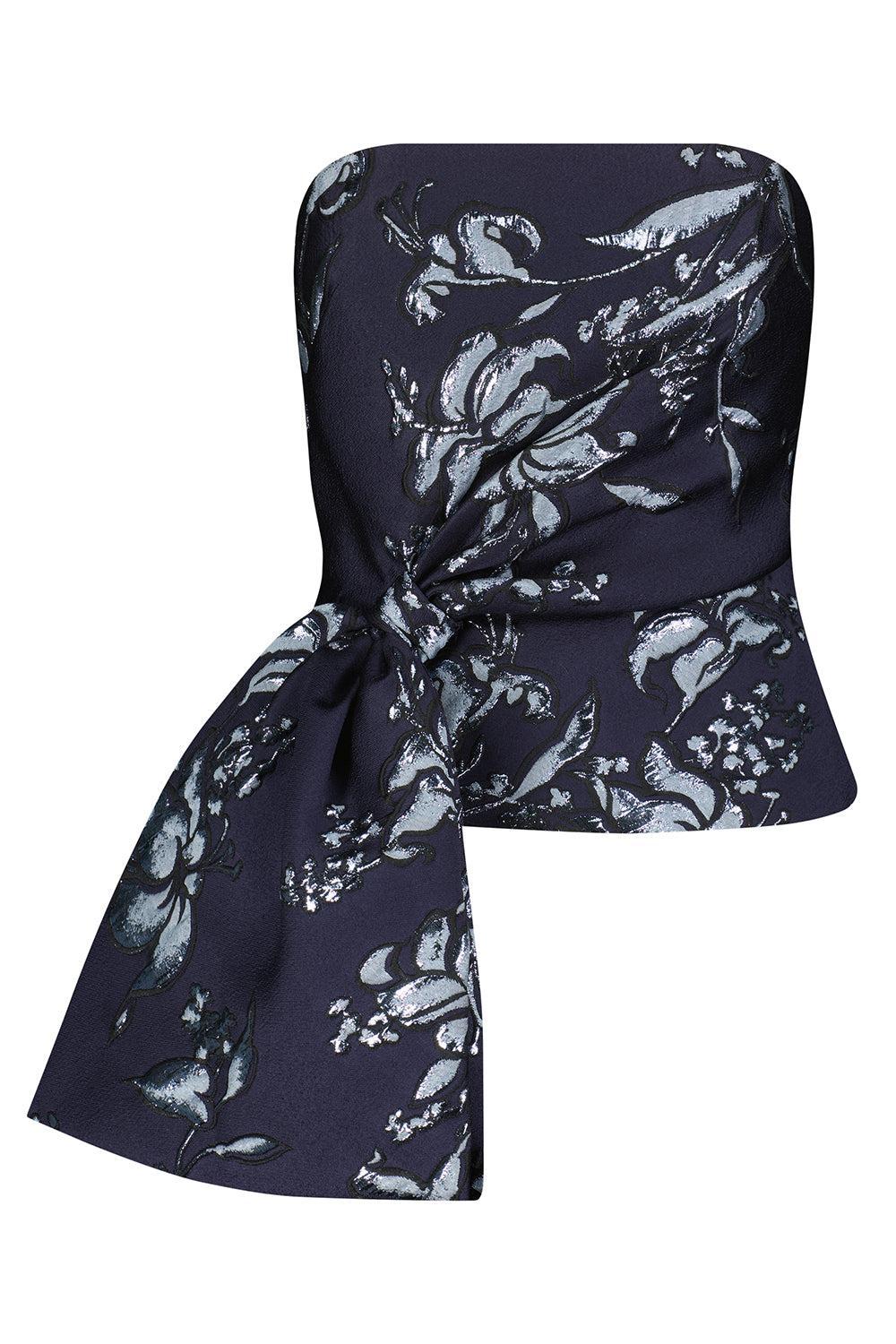 Metallic Floral Jacquard Cascade Top-BLUE-2-CLOTHINGTOPBLOUSE-LELA ROSE
