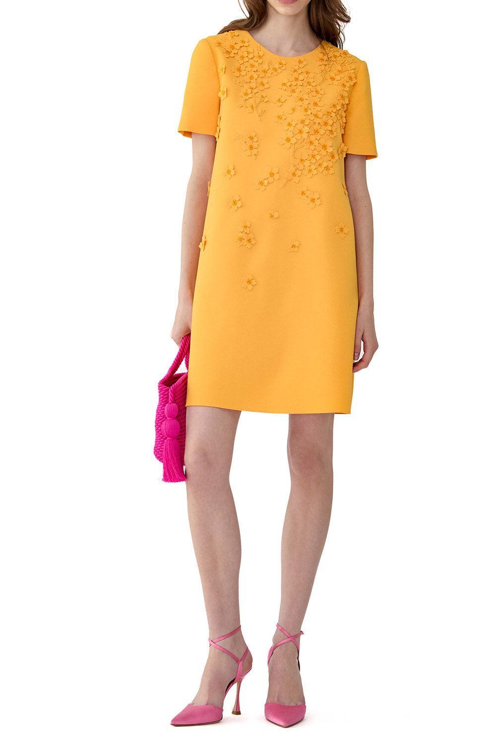  Embroidered Floral Short Sleeve Shift Dress-YELLOW-2-CLOTHINGDRESSCASUAL-CAROLINA HERRERA 