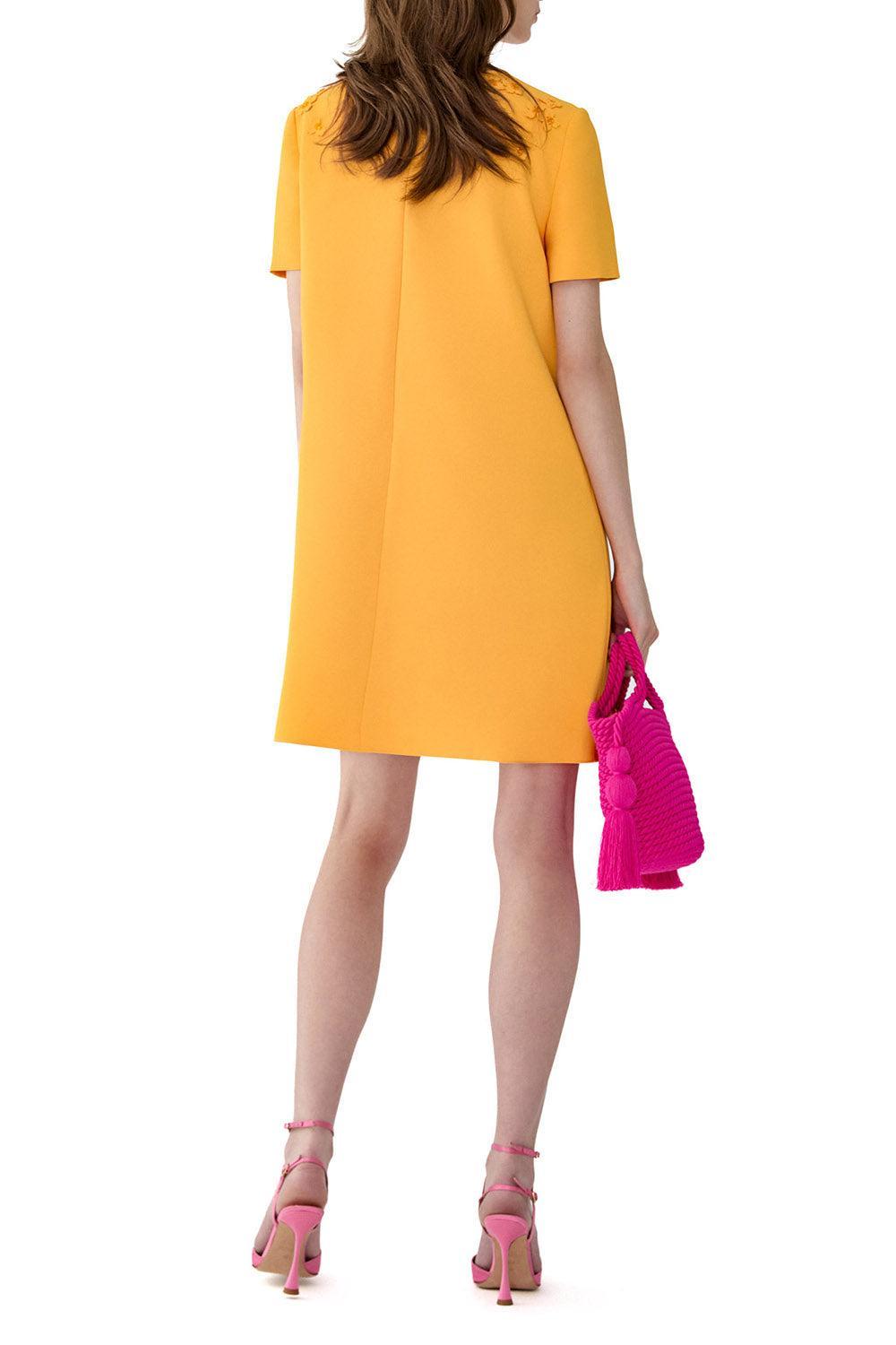 Embroidered Floral Short Sleeve Shift Dress-YELLOW-2-CLOTHINGDRESSCASUAL-CAROLINA HERRERA