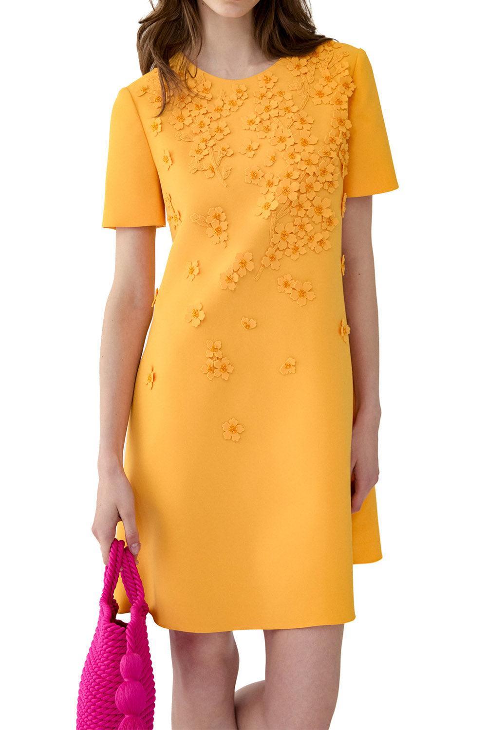 Embroidered Floral Short Sleeve Shift Dress-YELLOW-2-CLOTHINGDRESSCASUAL-CAROLINA HERRERA
